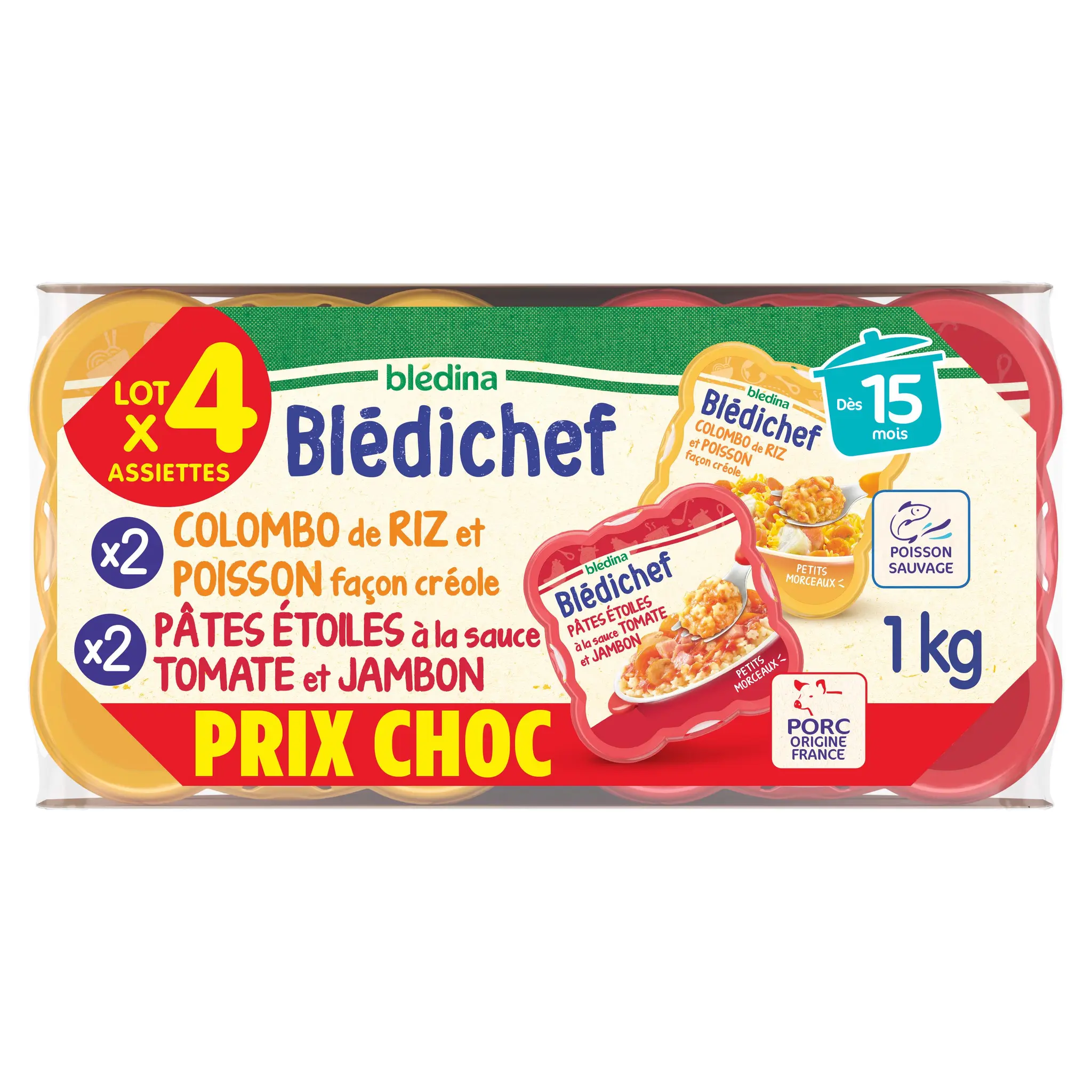 BLEDICHEF Assiettes colombo de riz et poisson, pâtes étoiles à la sauce tomate et jambon dès 15 mois