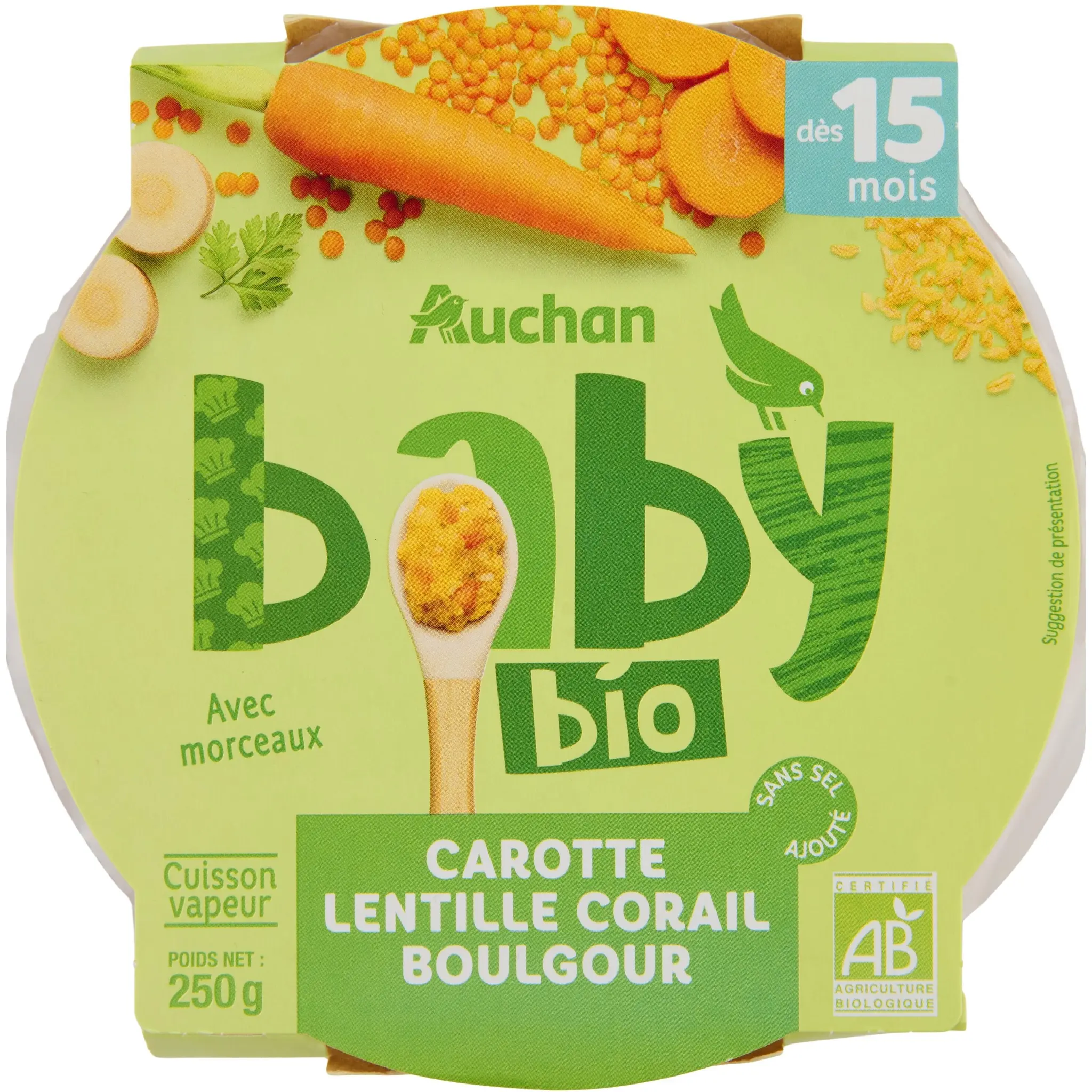 AUCHAN BABY BIO Assiette carotte lentille corail boulgour dès 15 mois bio