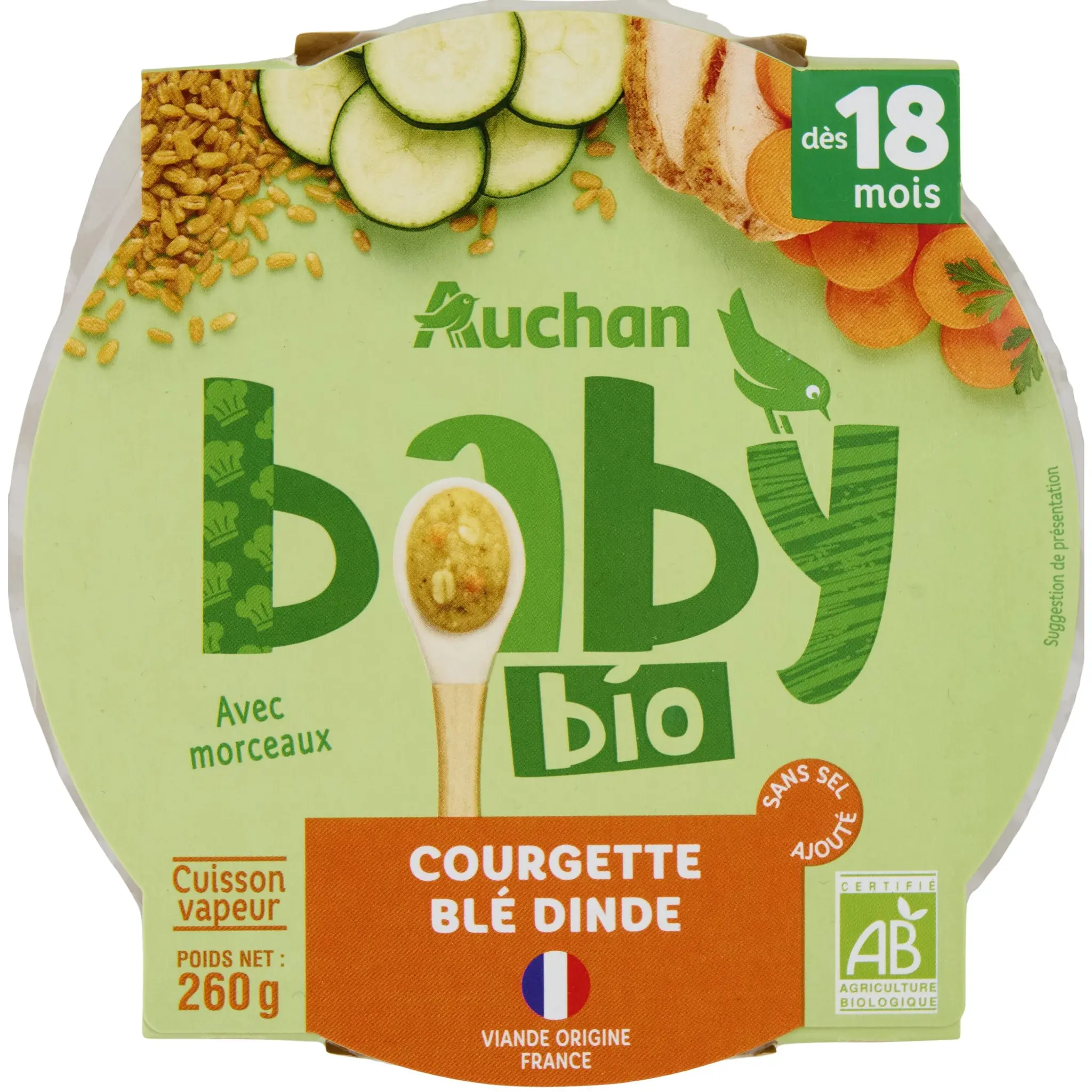AUCHAN BABY BIO Assiette courgette blé et dinde dès 18 mois