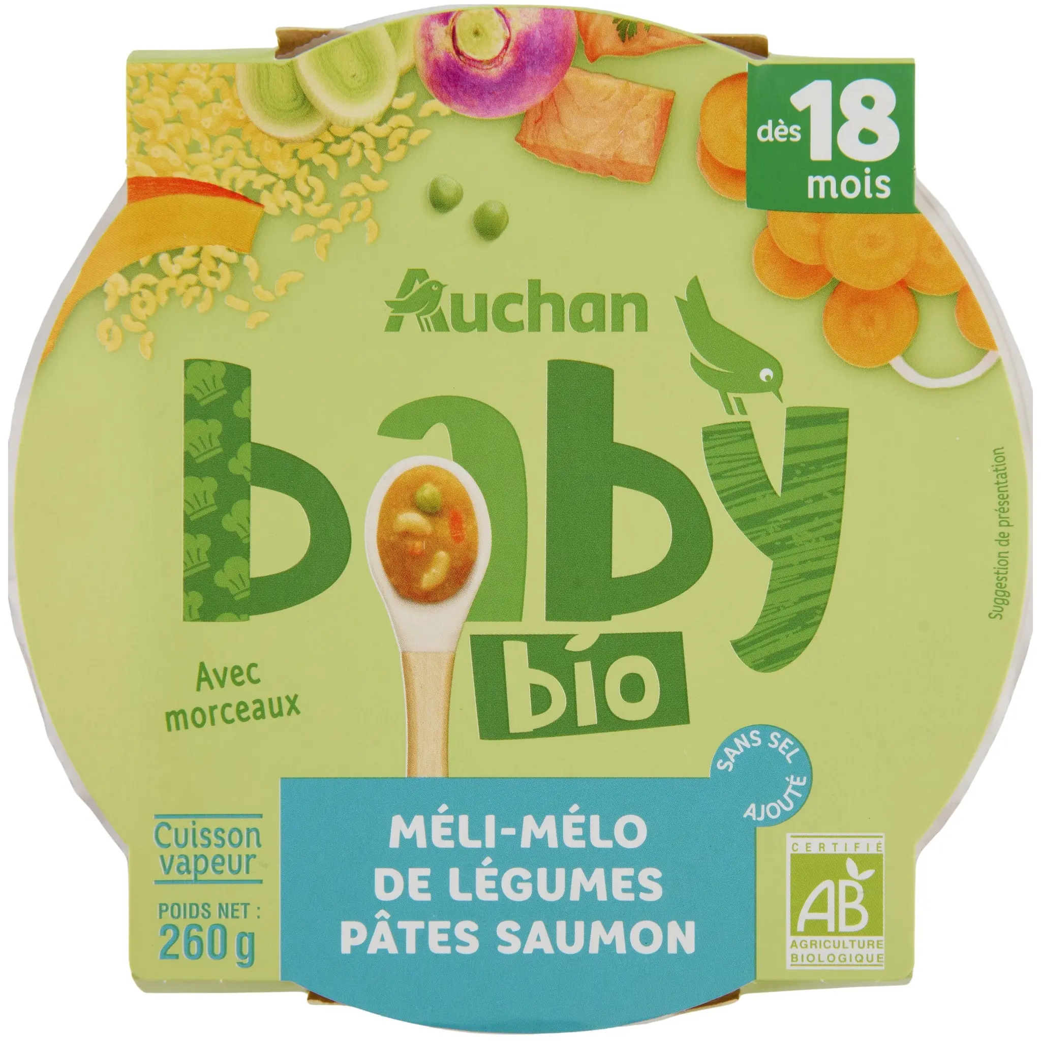 AUCHAN BABY BIO Assiette méli-mélo légumes pâtes et saumon dès 18 mois
