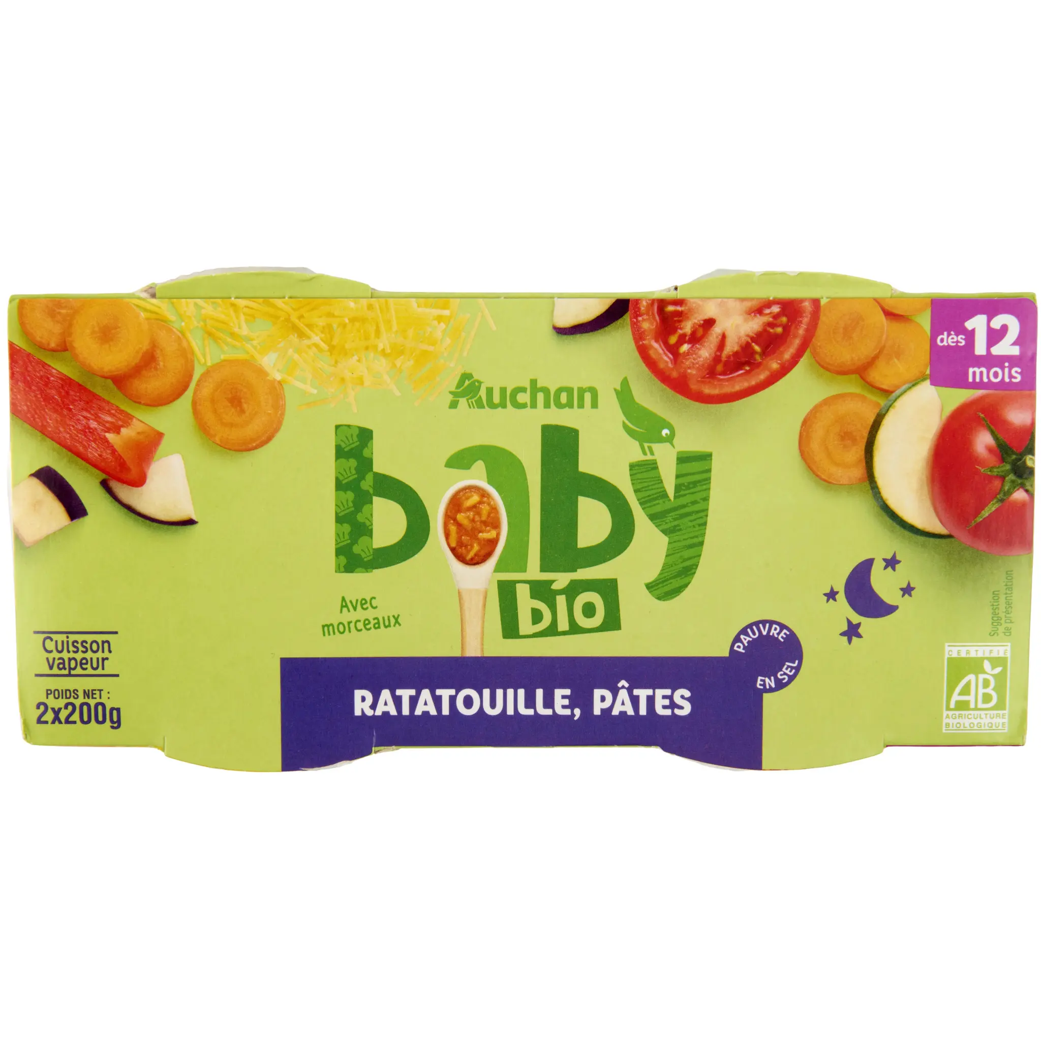 AUCHAN BABY BIO Bol de ratatouille et pâtes bio dès 12 mois