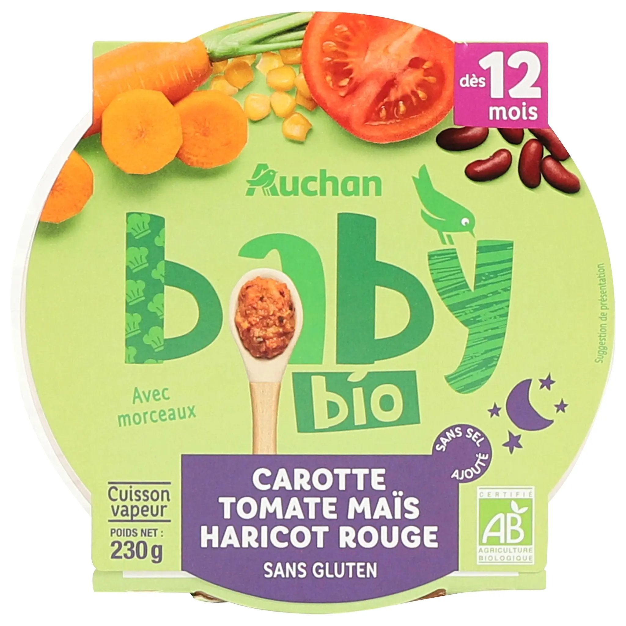 AUCHAN BABY BIO Assiette de carotte tomate maïs et haricot rouge sans gluten dès 12 mois bio