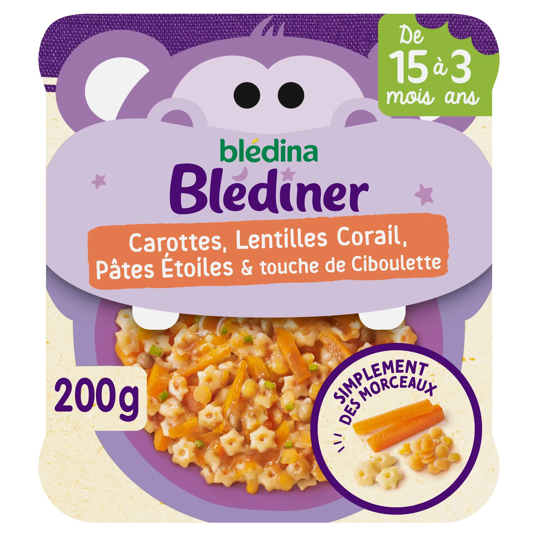 BLEDINER Assiette carottes lentilles corail pâtes étoiles et ciboulette dès 15 mois