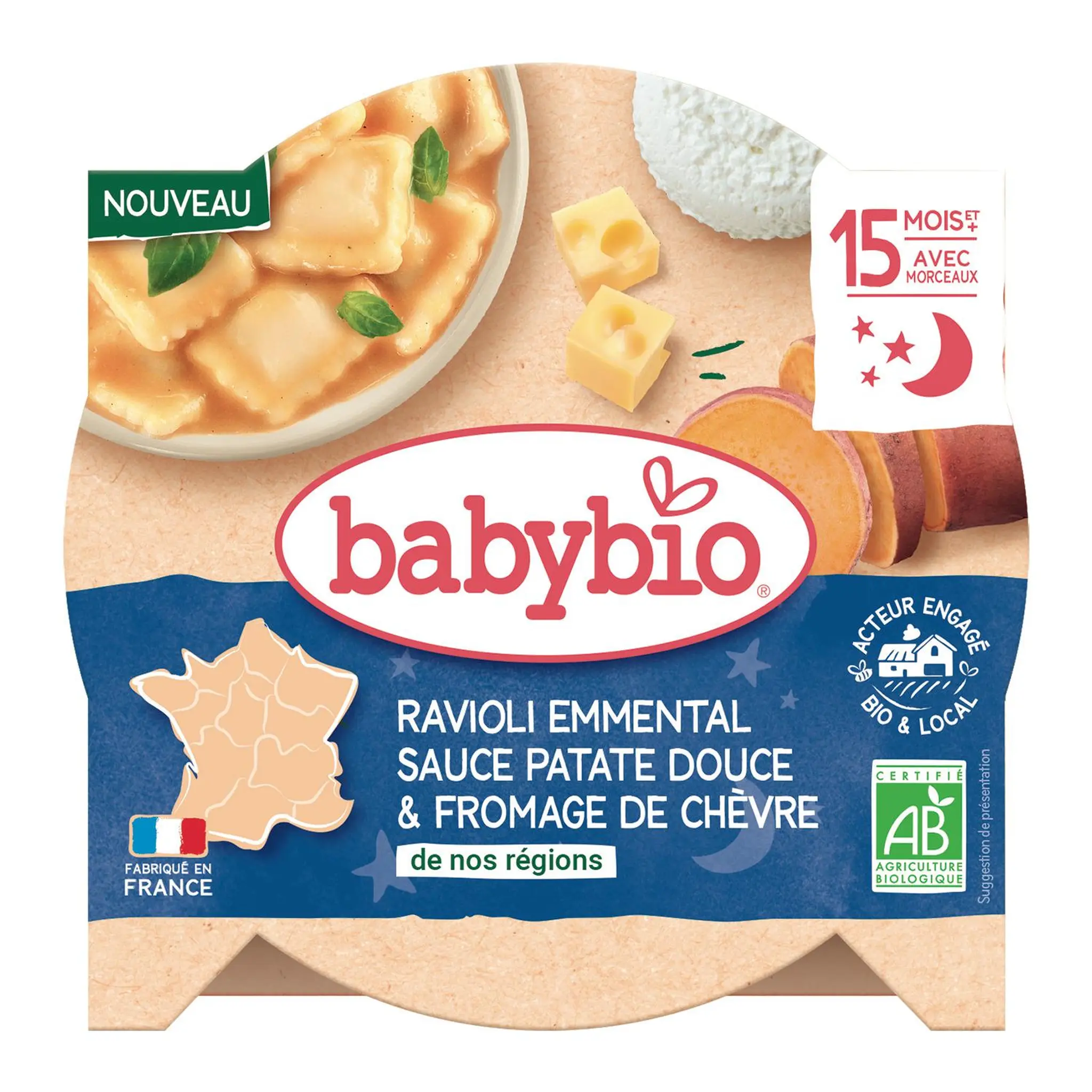 BABYBIO Assiette de ravioli emmental sauce patate douce et fromage de chèvre bio dès 15 mois