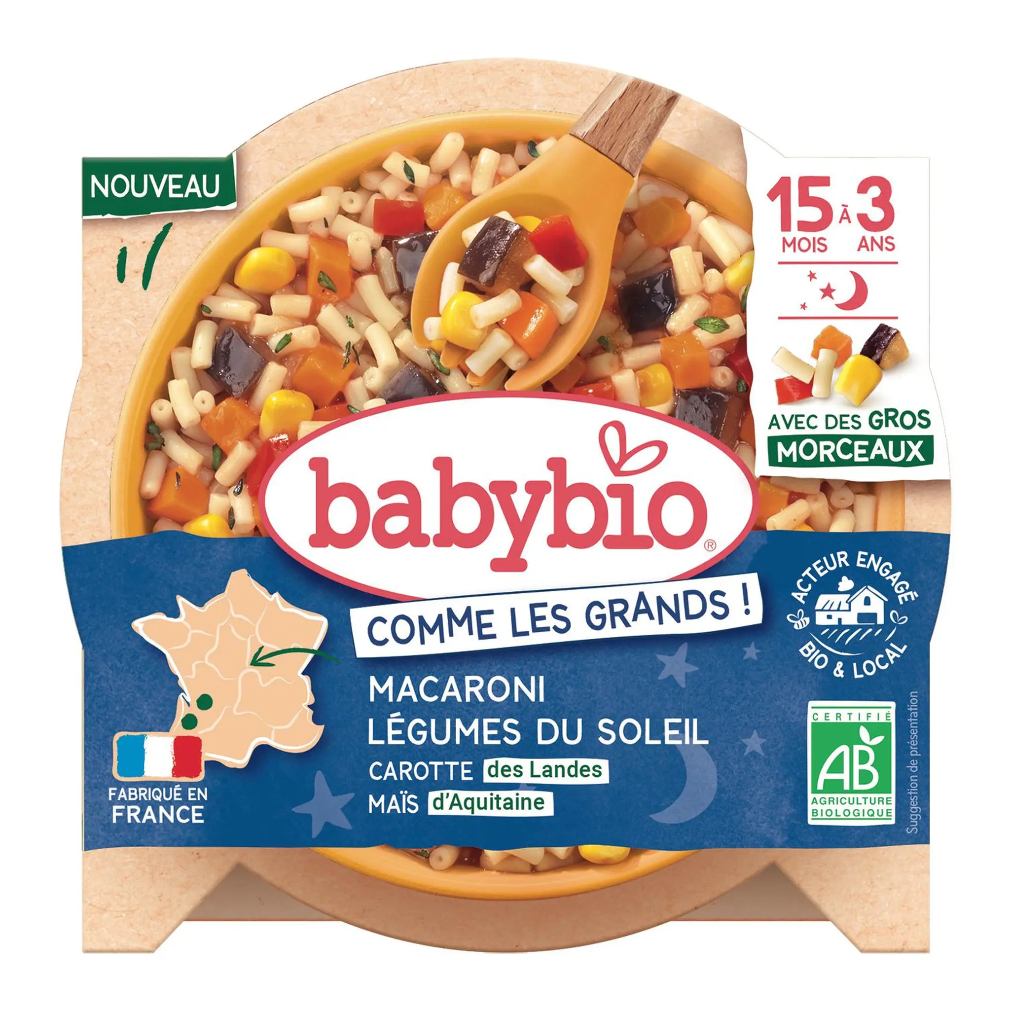 BABYBIO Assiette macaroni légumes du soleil carotte et maïs avec morceaux bio dès 15 mois