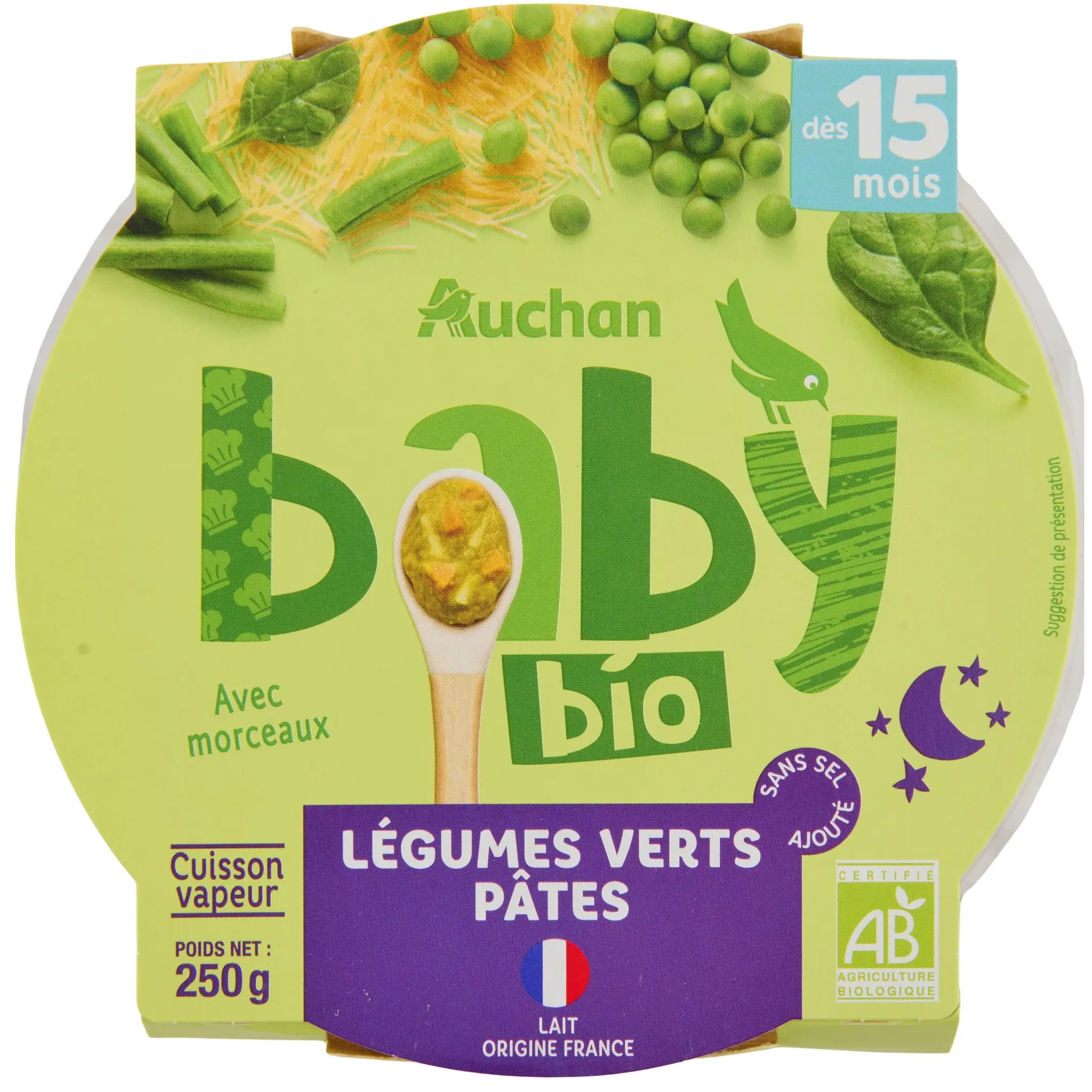 AUCHAN BABY BIO Assiette de légumes verts et pâtes dès 15 mois