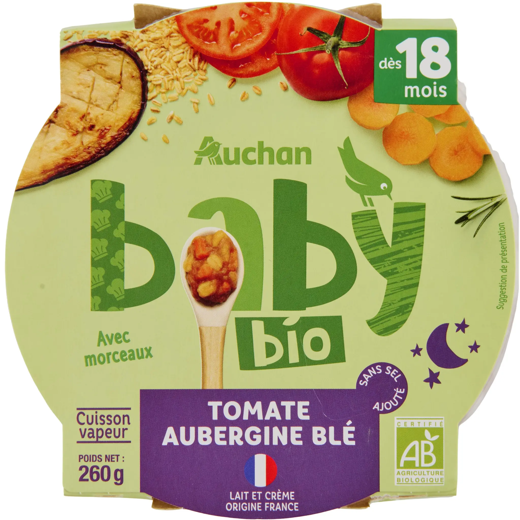 AUCHAN BABY BIO Assiette tomate aubergine blé dès 18 mois