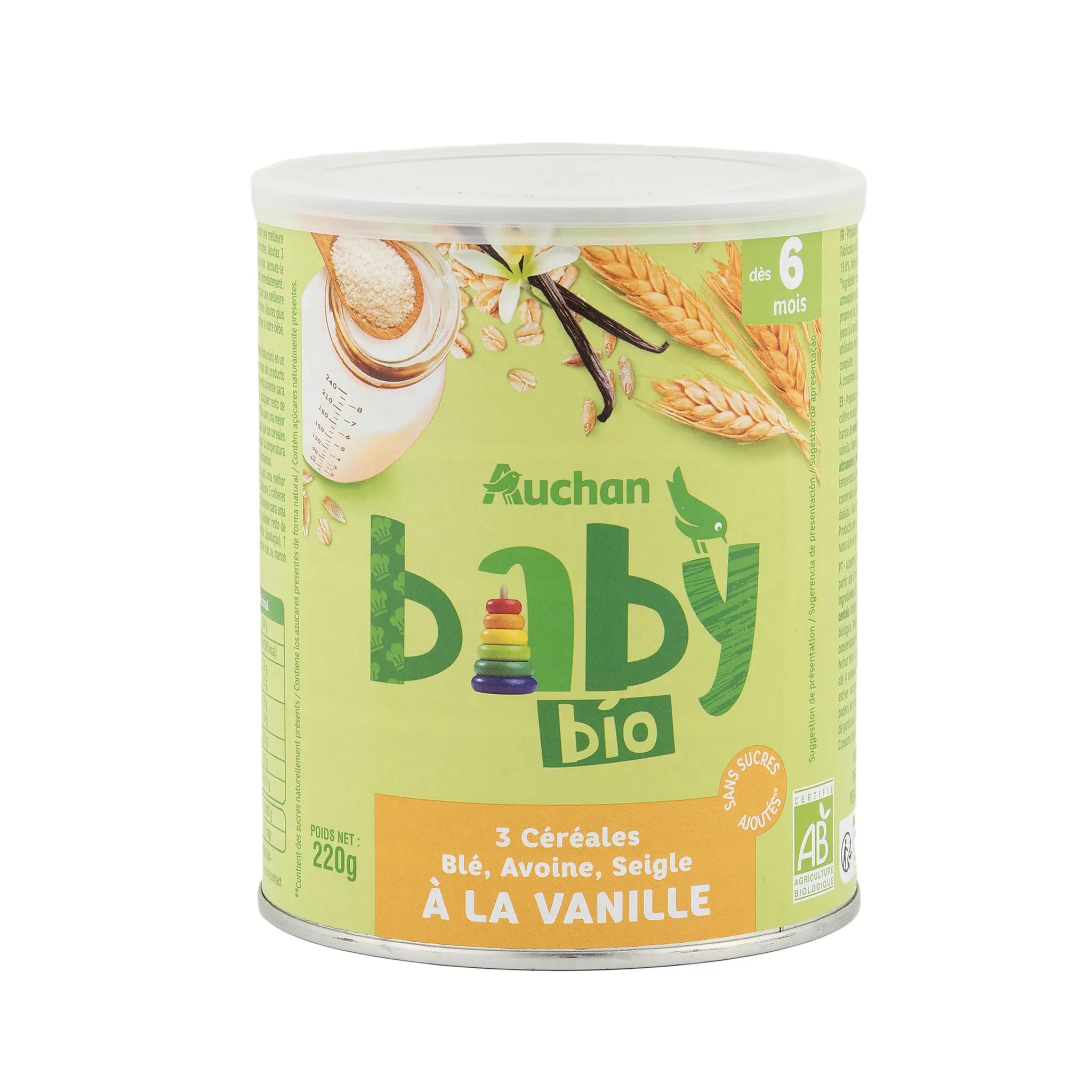 AUCHAN BABY BIO 3 céréales en poudre blé avoine seigle à la vanille dès 6 mois