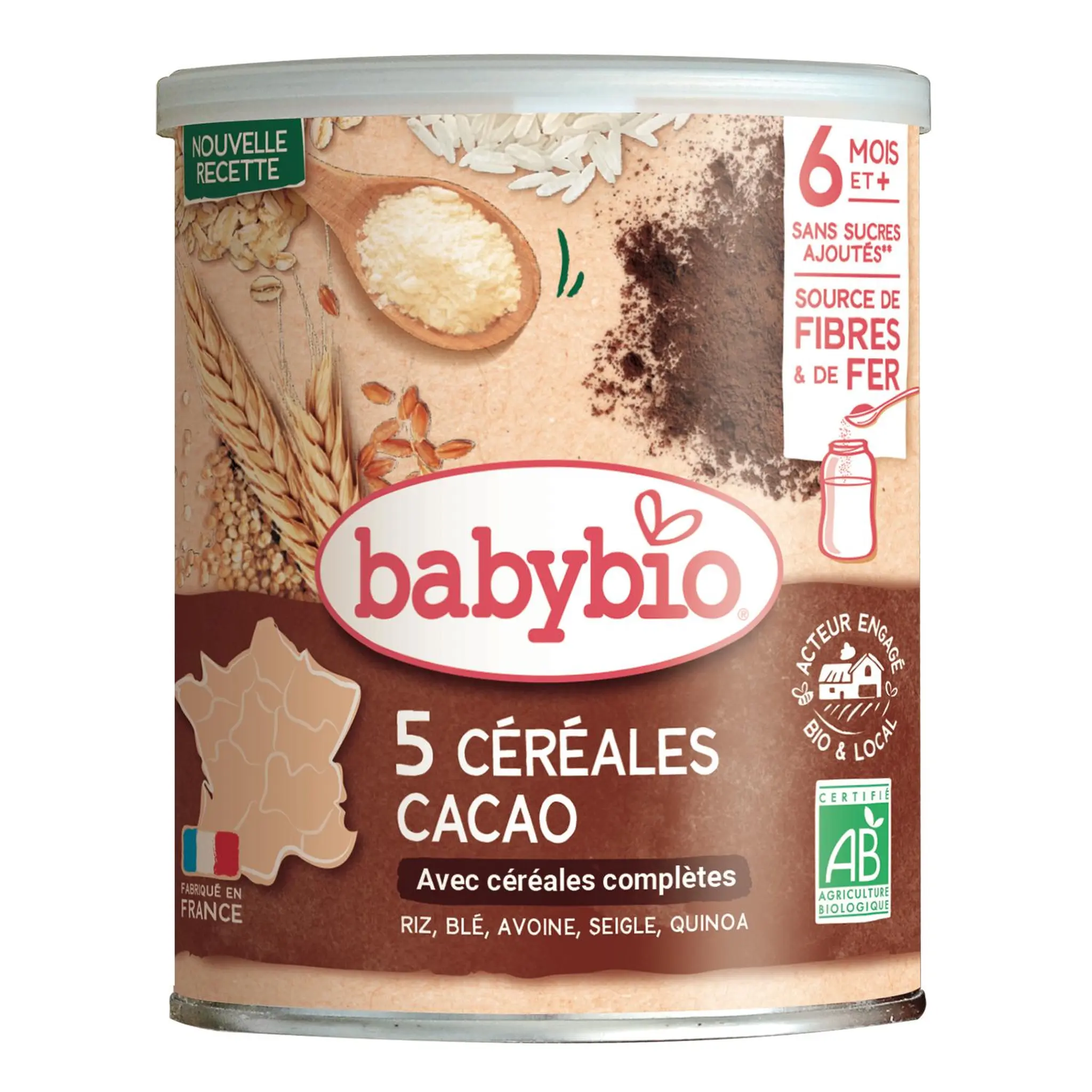 BABYBIO 5 Céréales cacao riz blé avoine seigle quinoa bio en poudre dès 6 mois