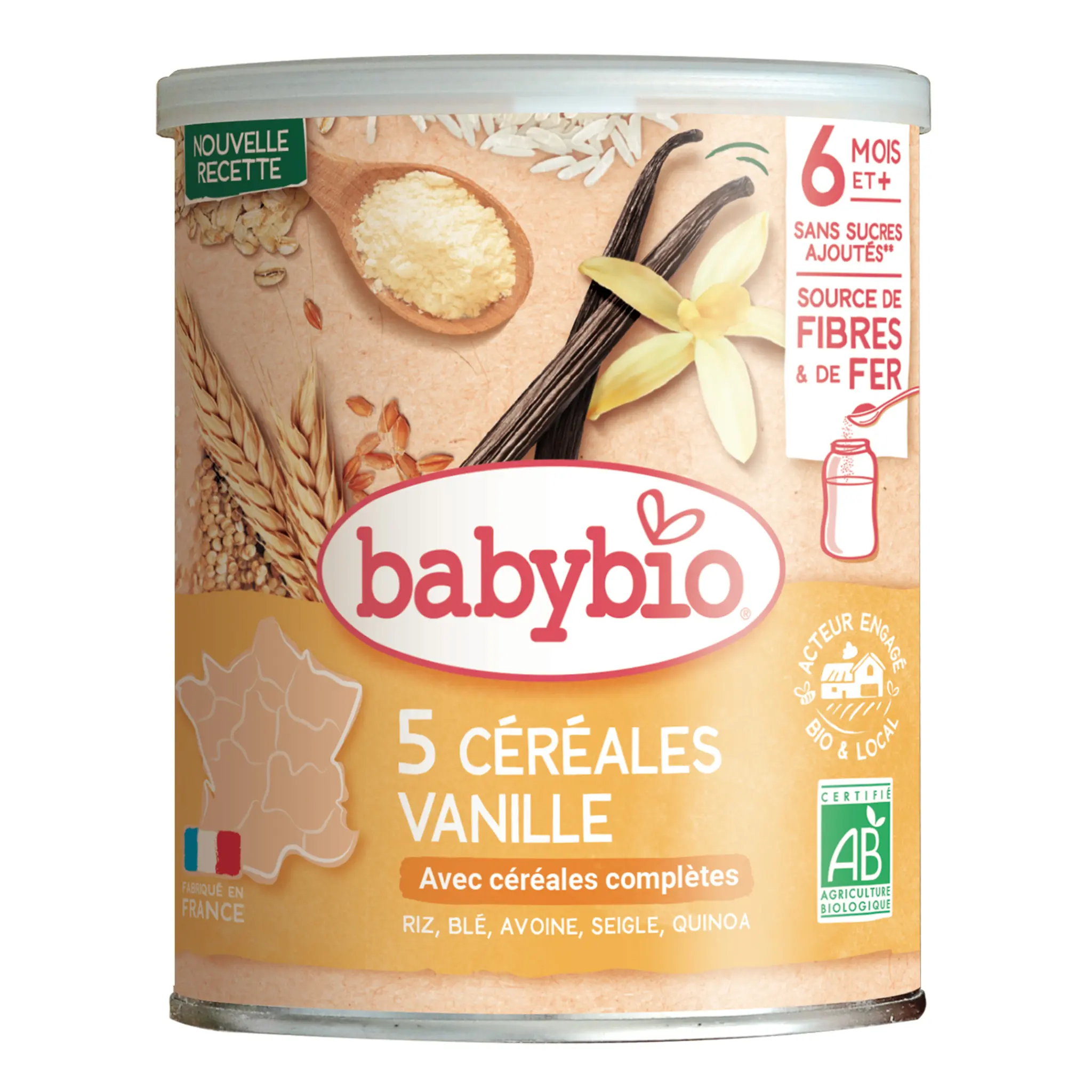 BABYBIO 5 Céréales vanille avec riz blé avoine seigle et quinoa bio en poudre dès 6 mois