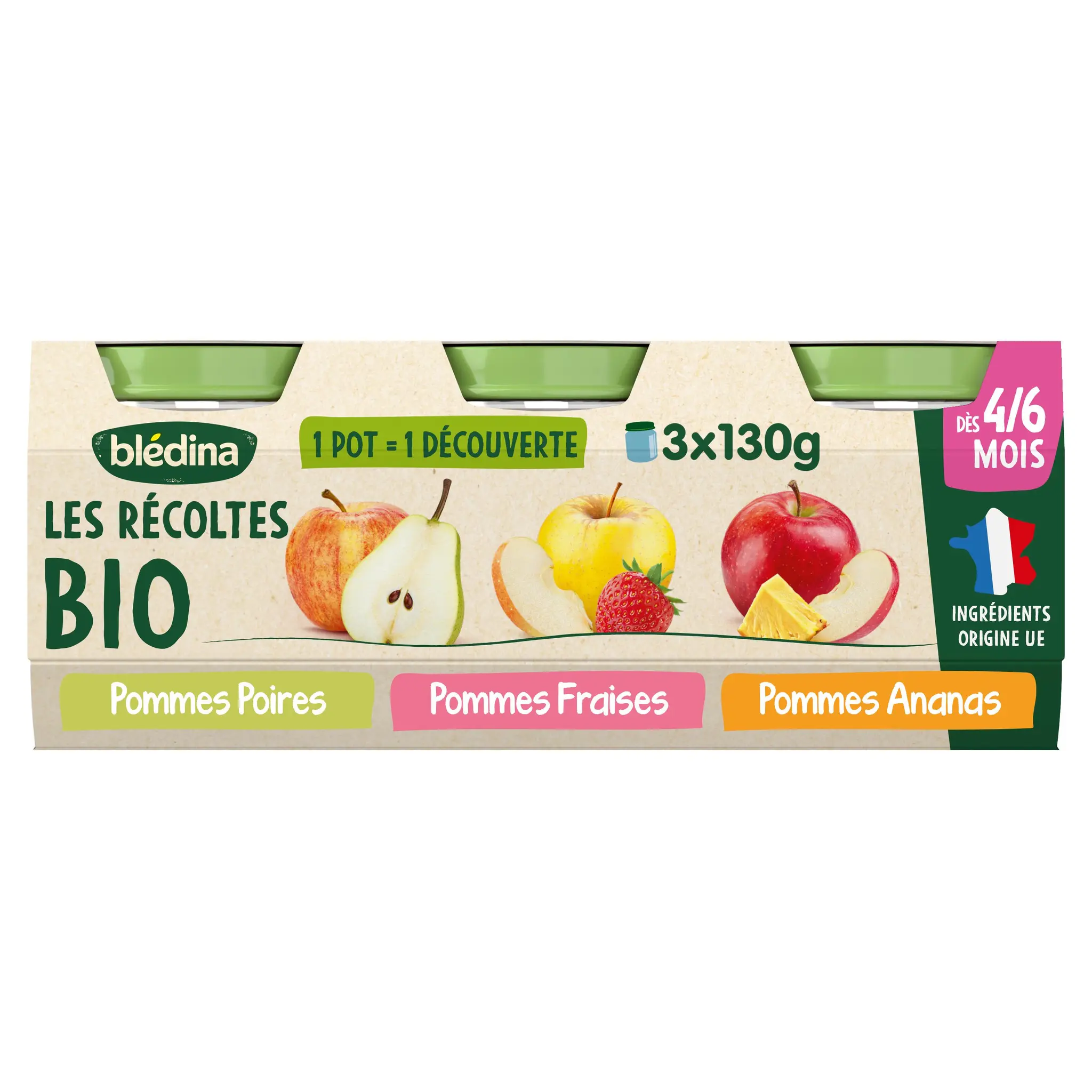 BLEDINA Les récoltes bio petit pot dessert pommes poires fraises ananas bio dès 4 mois
