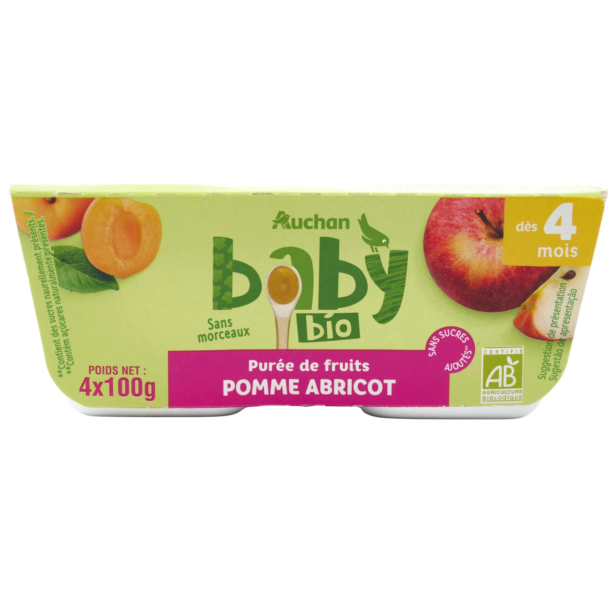 AUCHAN BABY BIO Petit Pot dessert pomme abricot dès 4 mois