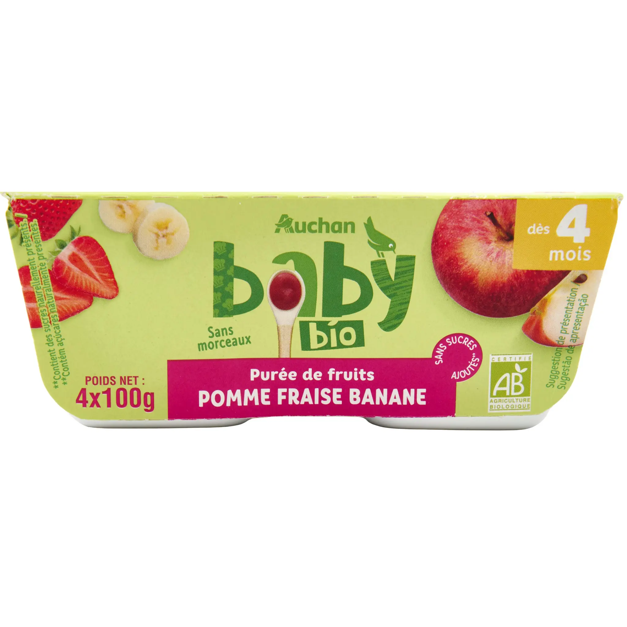 AUCHAN BABY BIO Petit pot dessert pomme fraise banane bio dès 4 mois