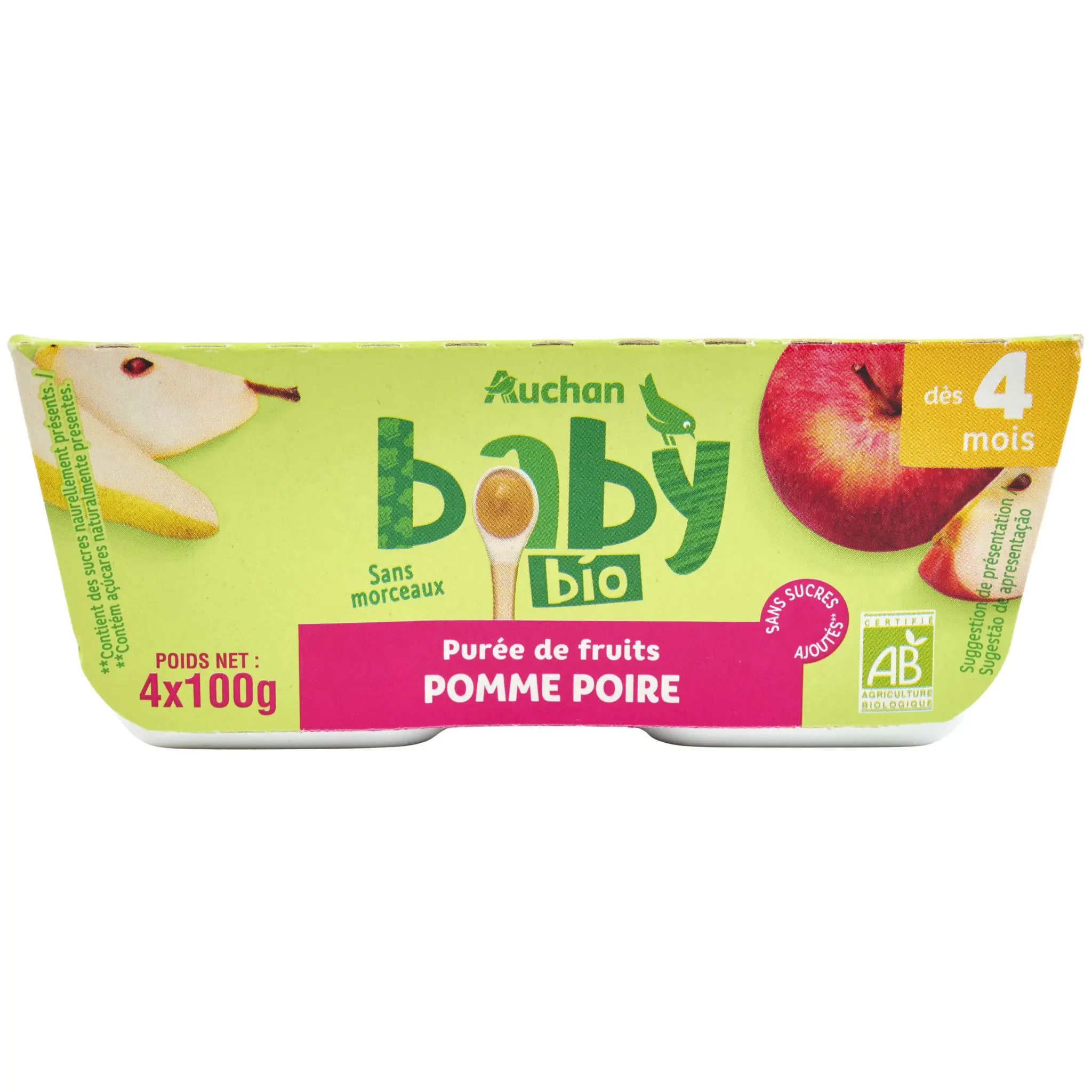 AUCHAN BABY BIO Petit pot purée de fruits pomme poire dès 4 mois