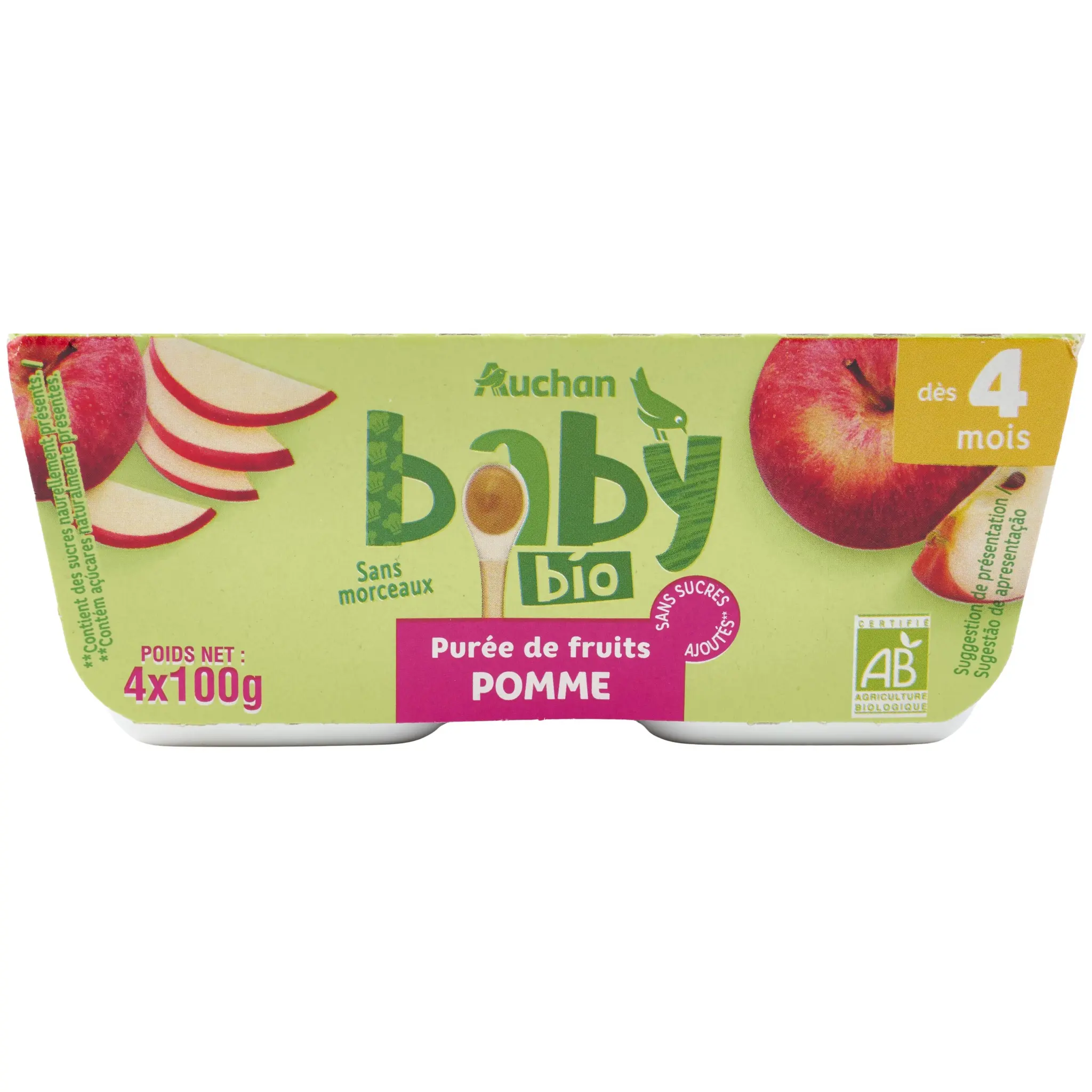 AUCHAN BABY BIO Petit pot dessert pomme dès 4 mois