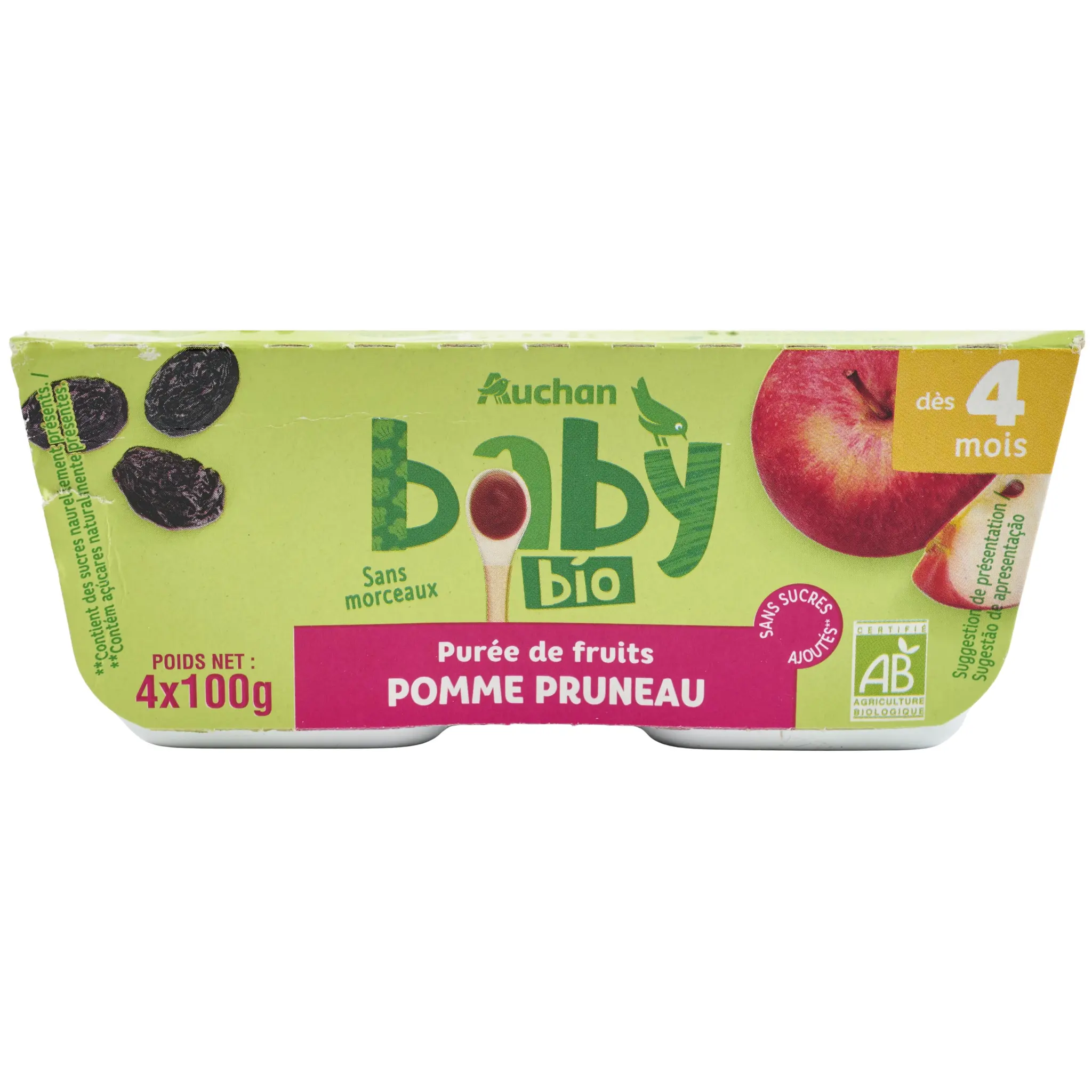 AUCHAN BABY BIO Petit pot dessert pomme pruneau banane dès 4 mois
