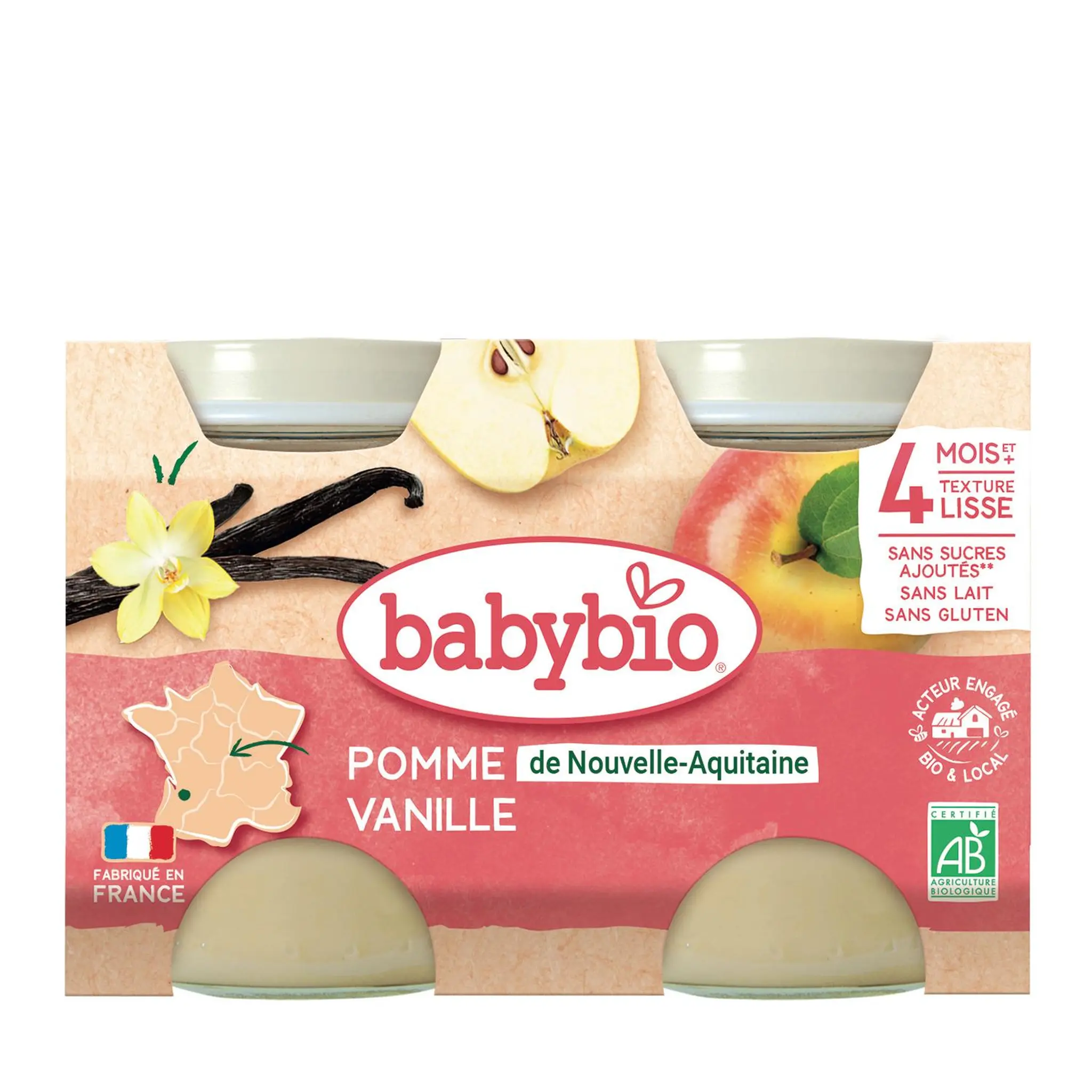 BABYBIO Petit pot dessert pomme de Nouvelle Aquitaine et vanille bio dès 4 mois