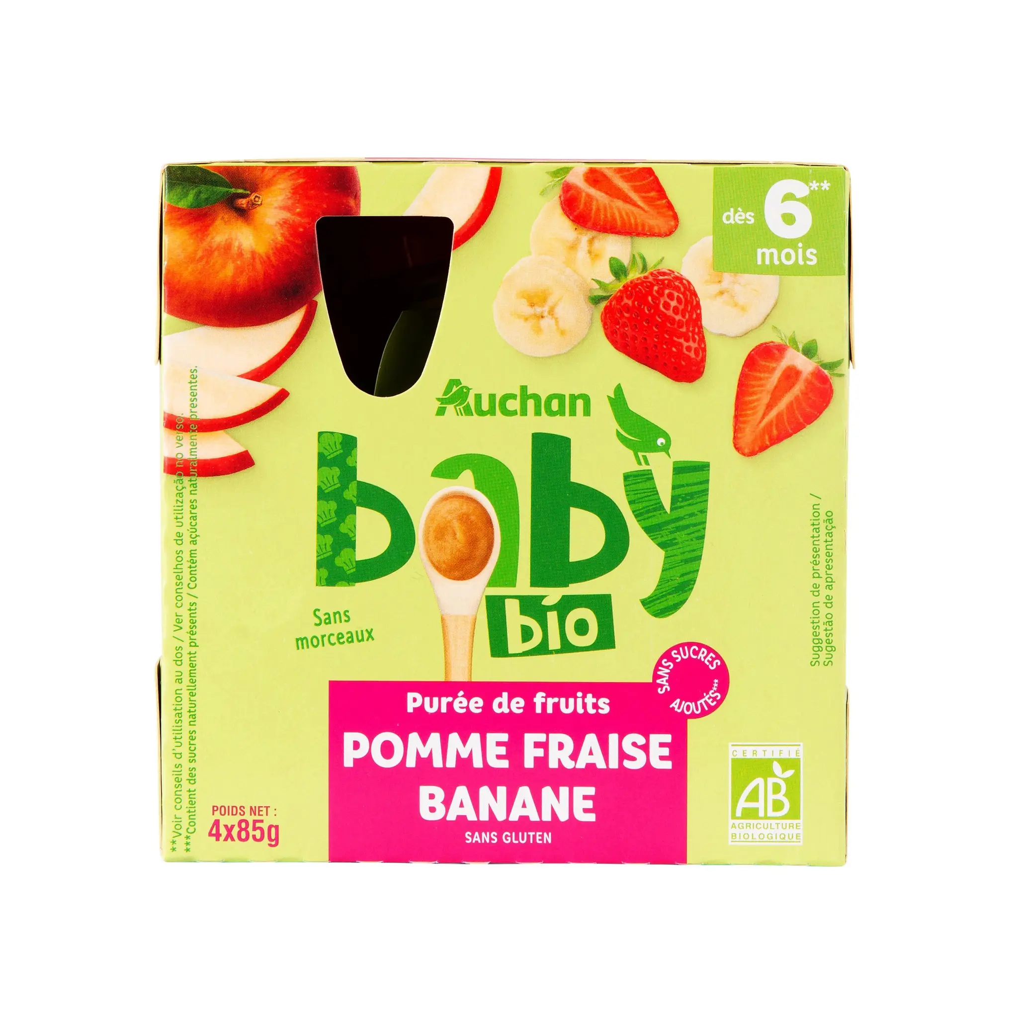 AUCHAN BABY BIO Gourde purée de fruits à la pomme fraise et banane dès 6 mois
