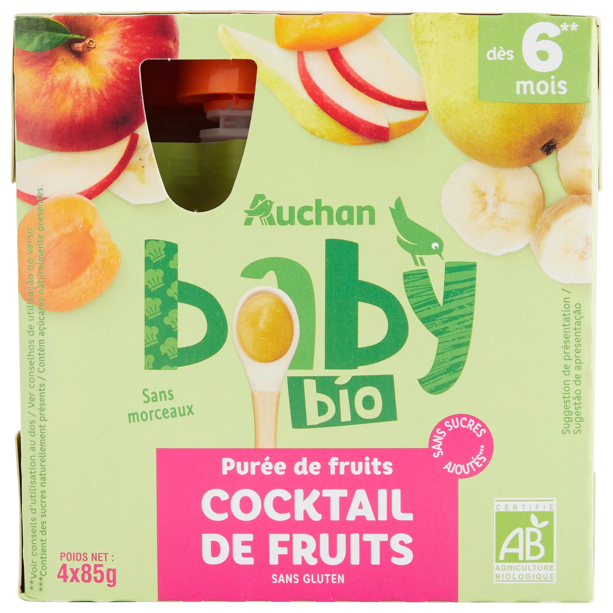 AUCHAN BABY BIO Gourdes purée de fruits au cocktail de fruits dès 6 mois