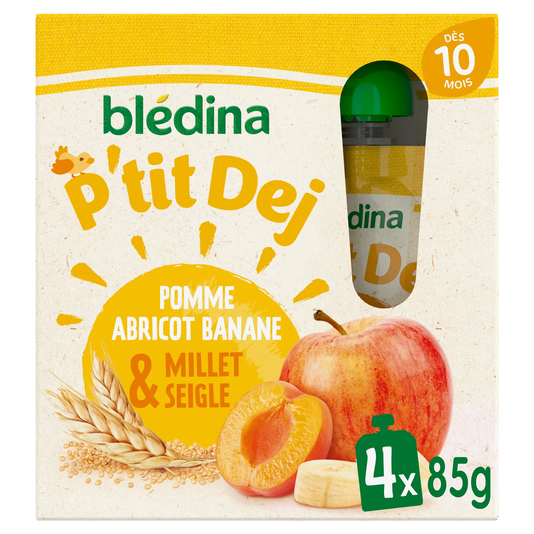 BLEDINA P'tit Dej gourdes pomme abricot banane millet & seigle dès 10 mois