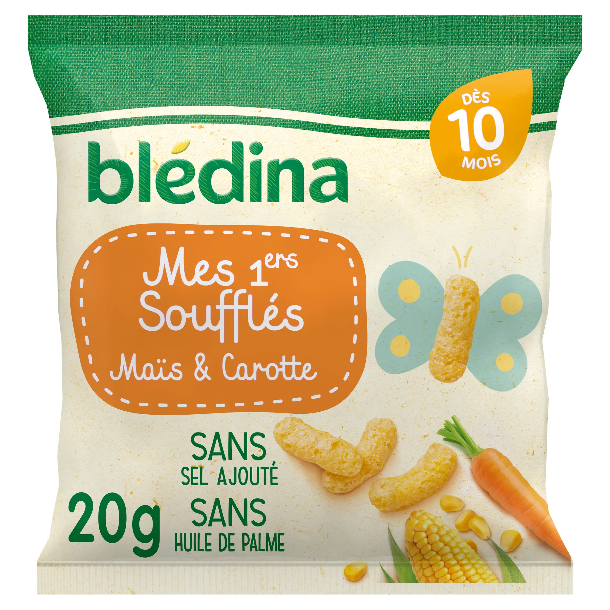 BLEDINA Mes 1ers soufflés maïs & carotte sans sel ajouté sans huile de palme dès 10 mois