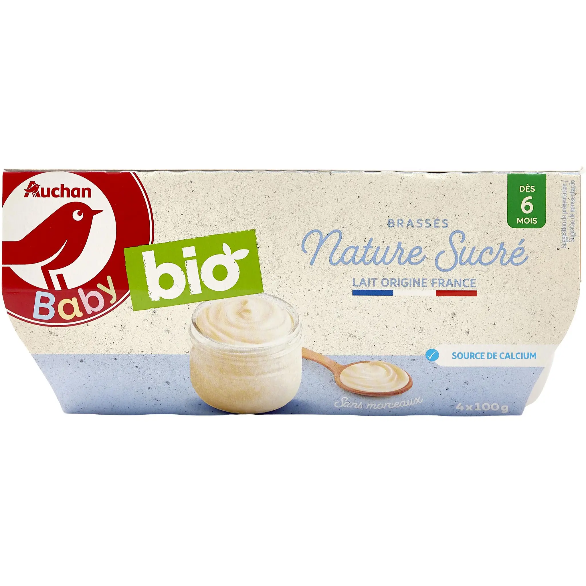 AUCHAN BABY BIO Petit pot dessert lacté brassé nature sucré dès 6 mois