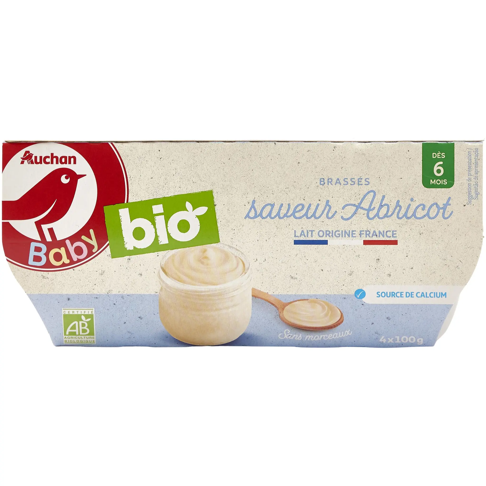 AUCHAN BABY BIO Pot dessert lacté brassé à l'abricot dès 6 mois