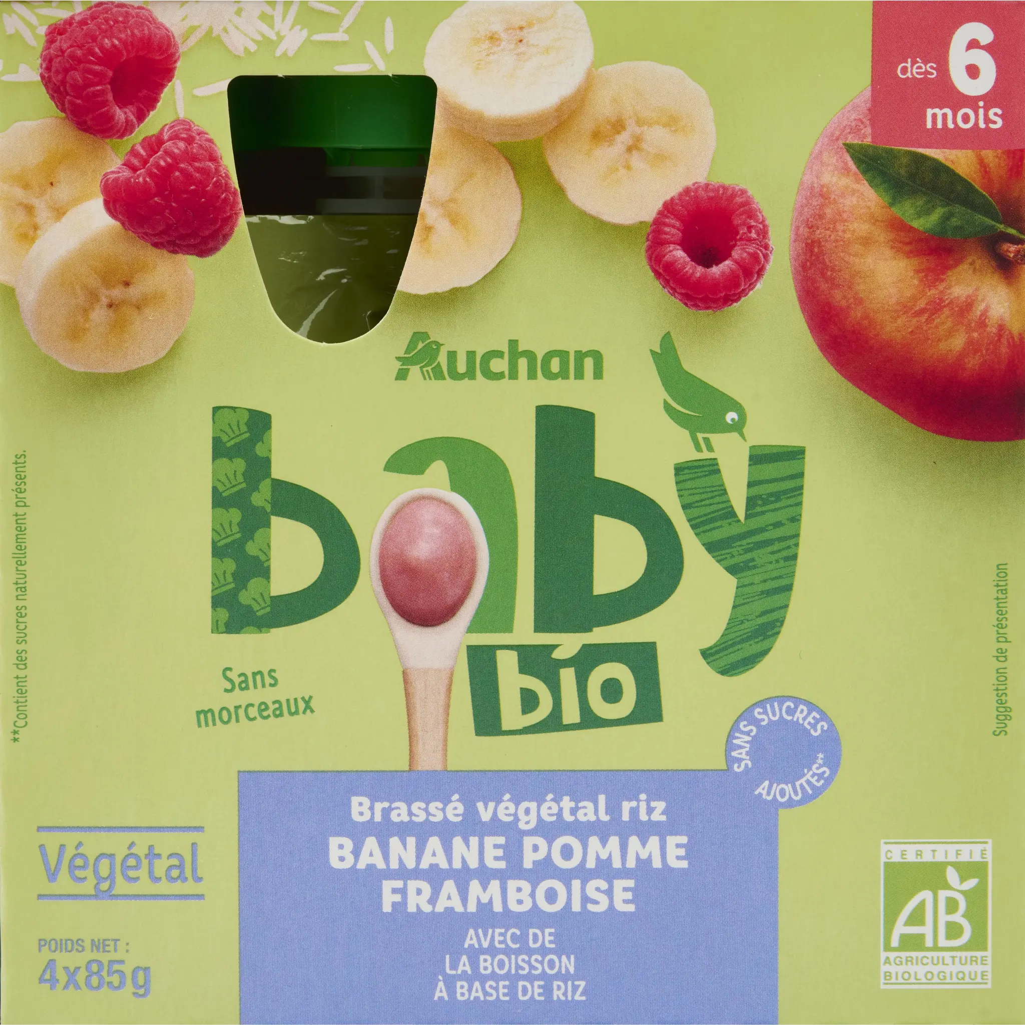 AUCHAN BABY BIO Gourdes brassé végétal riz banane pomme framboise dès 6 mois