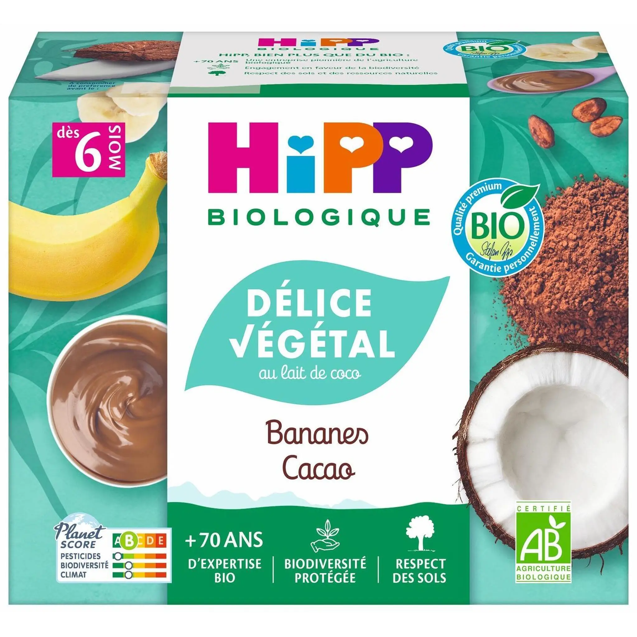 HIPP Petit pot dessert délice végétal au lait de coco crème bananes cacao bio dès 6 mois