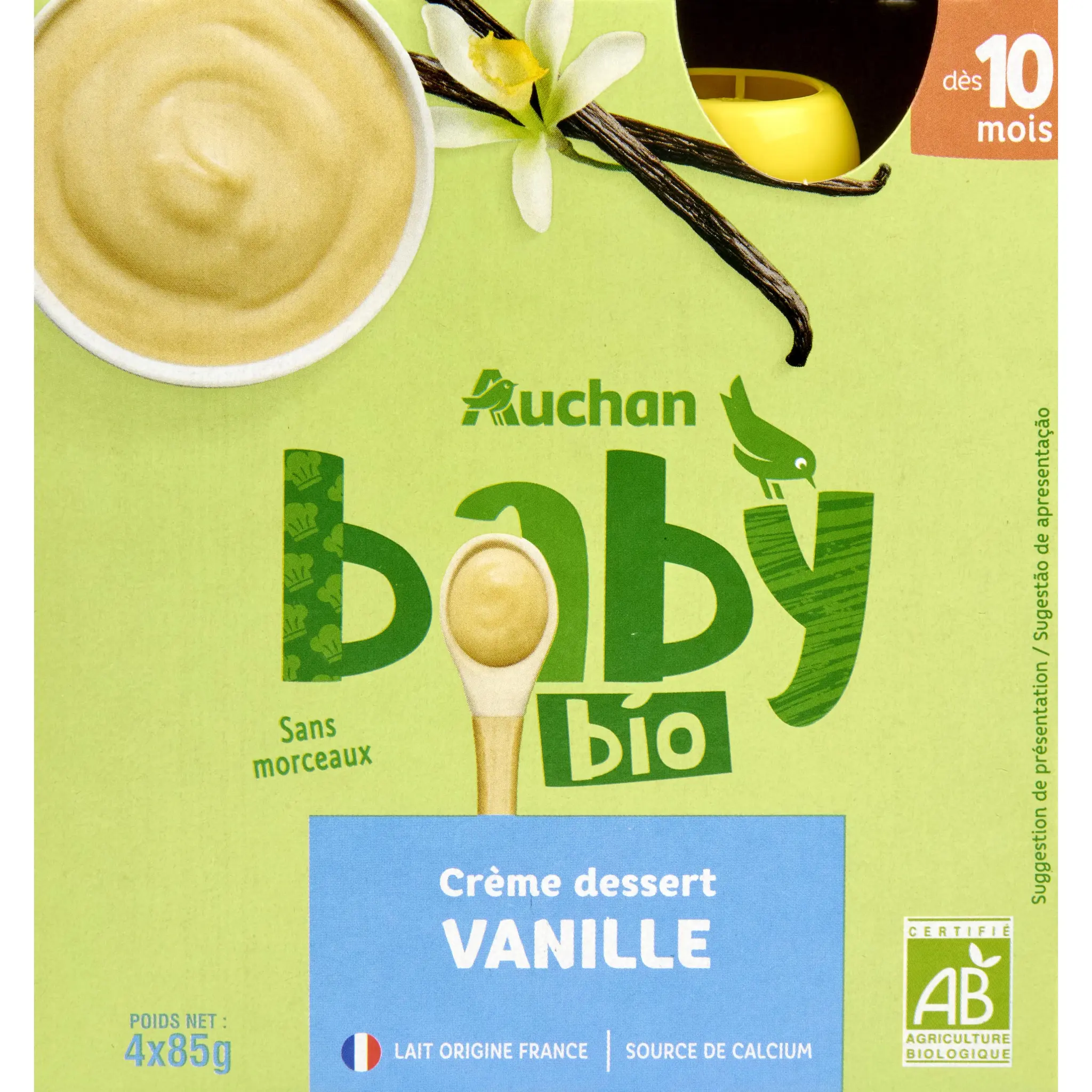 AUCHAN BABY BIO Gourde dessert lacté à la vanille bio dès 10 mois