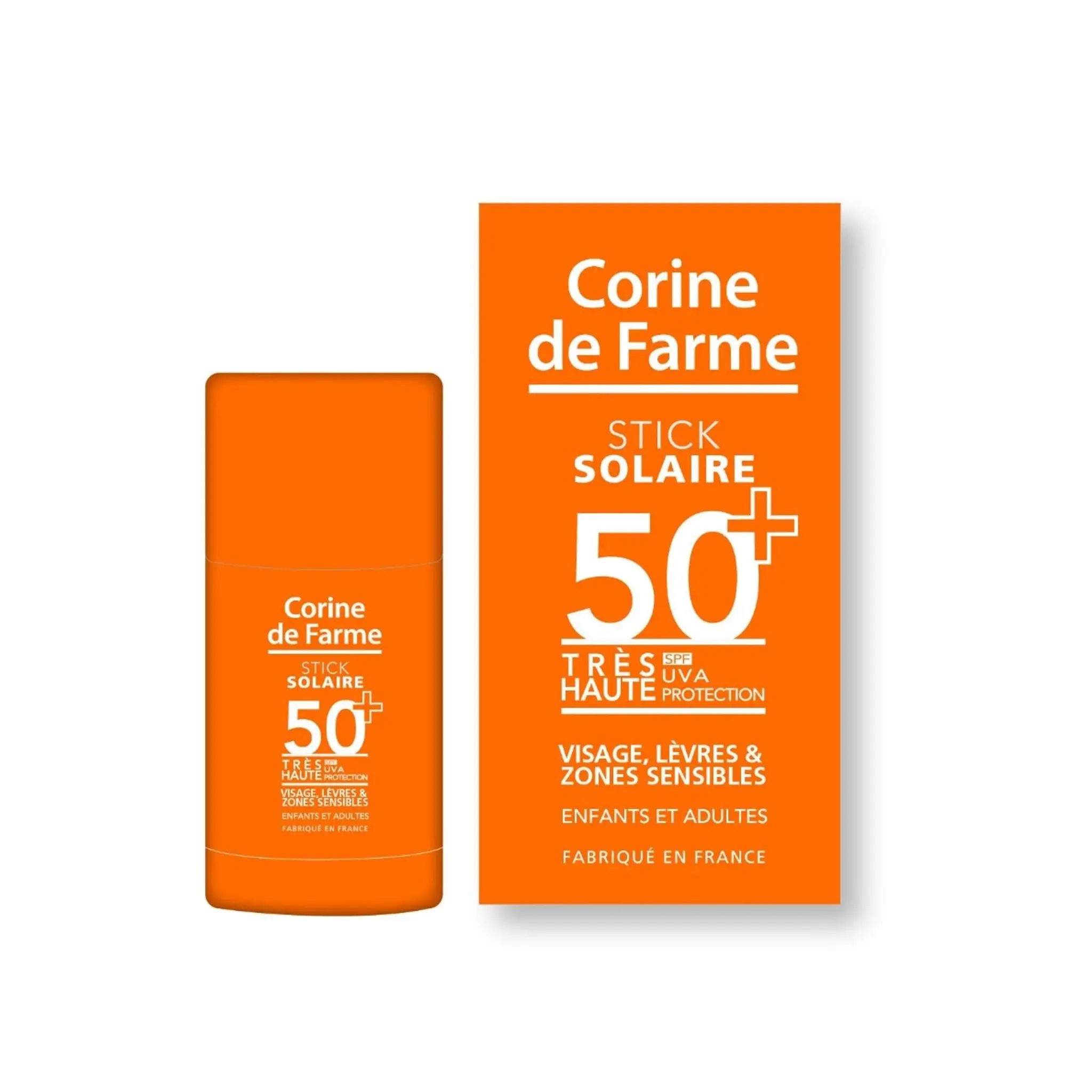 CORINE DE FARME Stick solaire SPF 50+ visage, lèvres, zones sensibles pour enfants et adultes