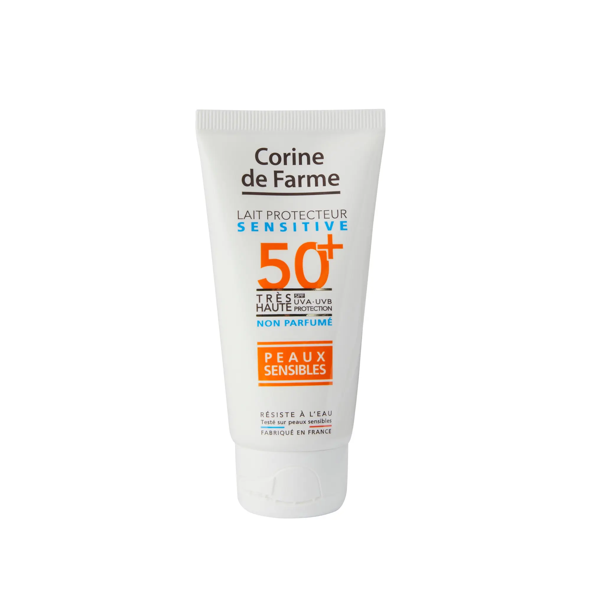 CORINE DE FARME Lait protecteur solaire sensitive peaux sensibles résiste à l'eau SPF50+ UVA UVB non parfumé