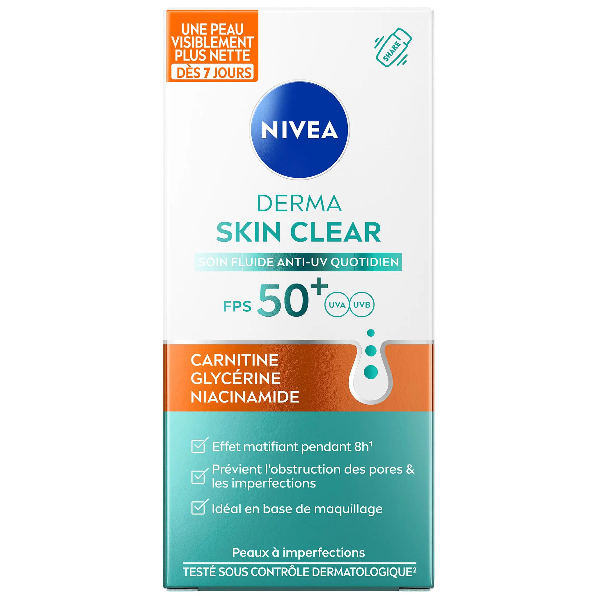 NIVEA Derma skin clear soin Fluide visage anti-uv quotidien FPS50+ peaux à imperfections