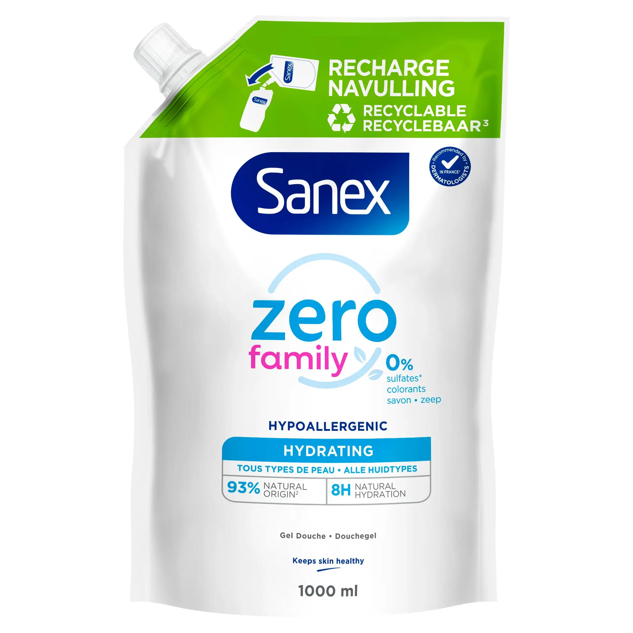SANEX Eco recharge gel douche Zero% family tous types de peaux