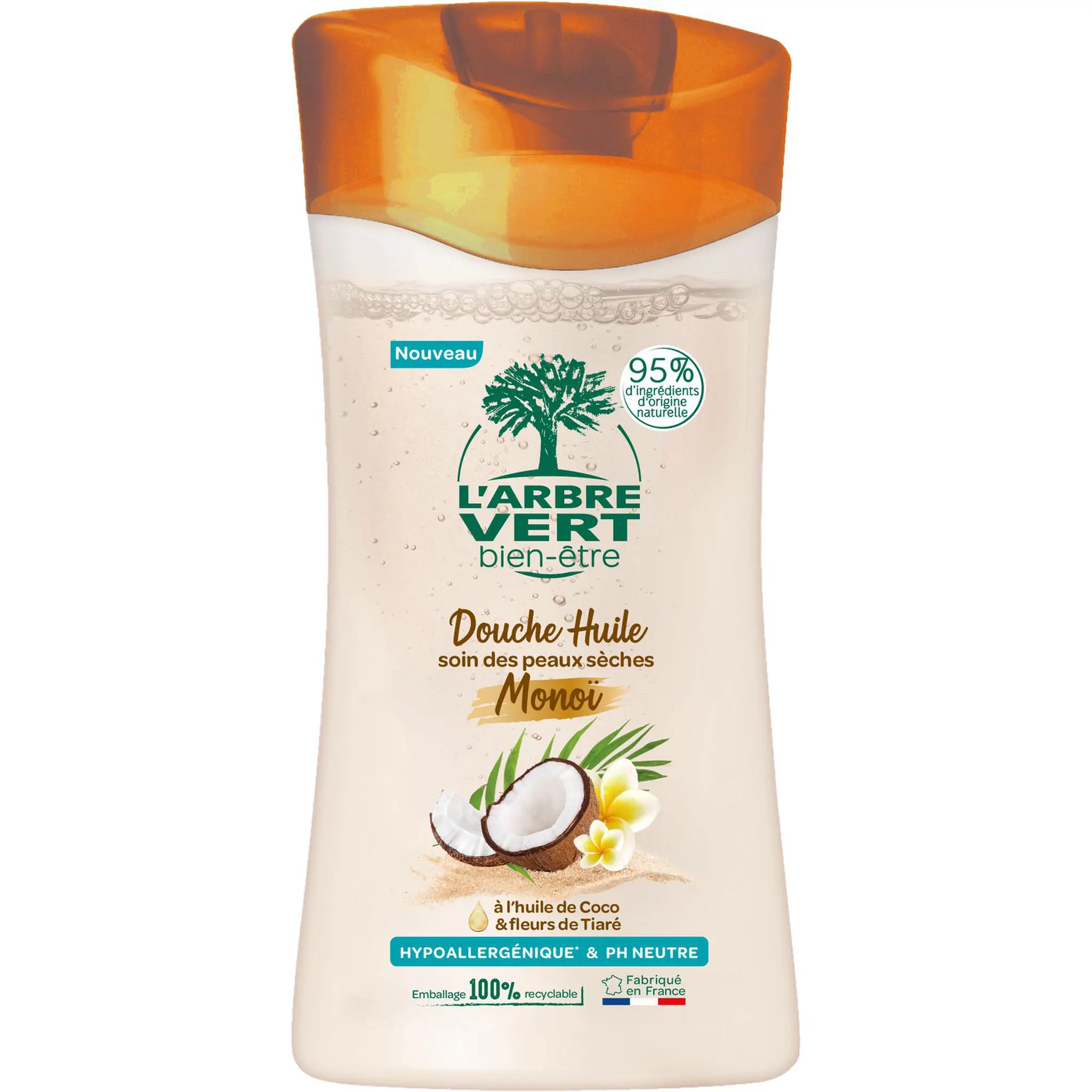 L'ARBRE VERT Huile de douche au monoï huile de coco et fleurs de Tiaré pour peaux sèches