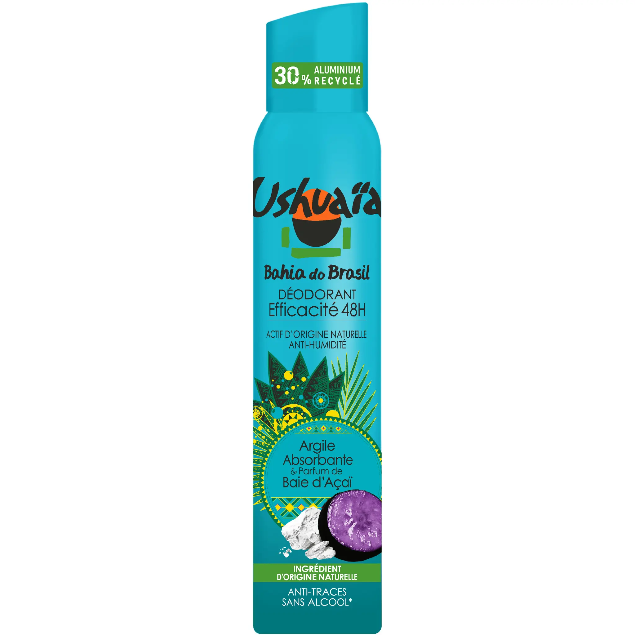 USHUAIA Déodorant spray efficacité 48h à l'argile absorbante et parfum de baie d'açai
