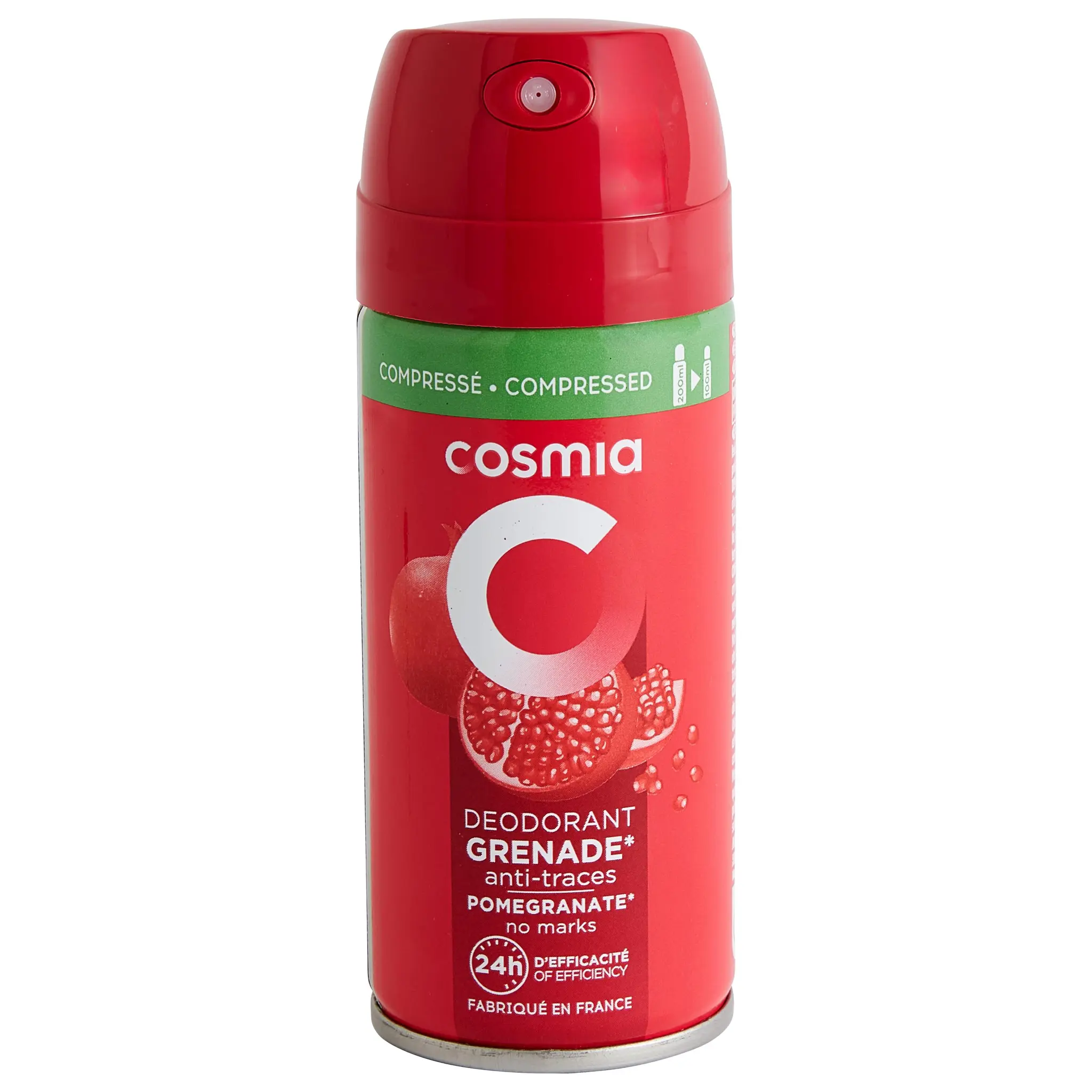 COSMIA Déodorant spray compressé 24h grenade anti-traces sans sels d'aluminium