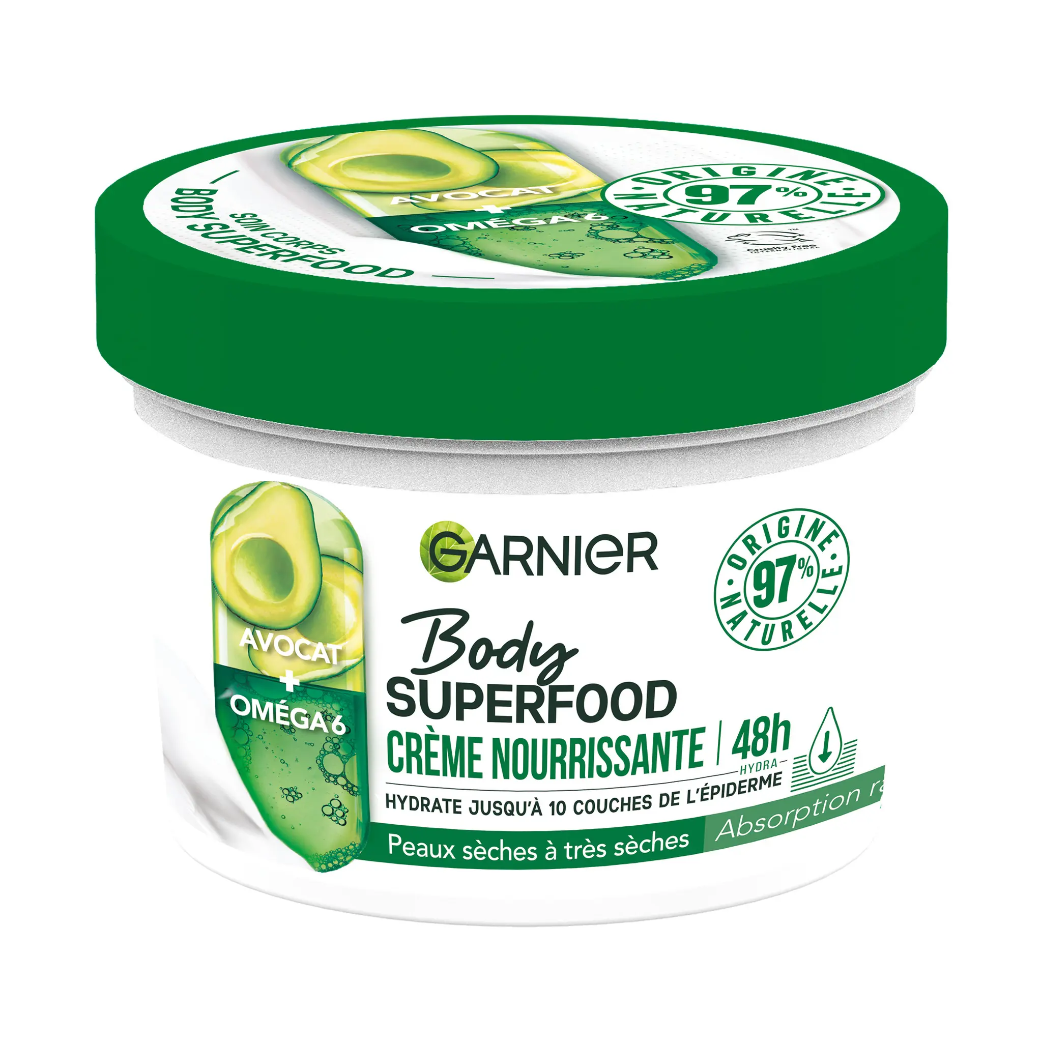 GARNIER Body Superfood Crème nourrissante 48h à l'avocat et oméga 6 pour peaux sèches à très sèches