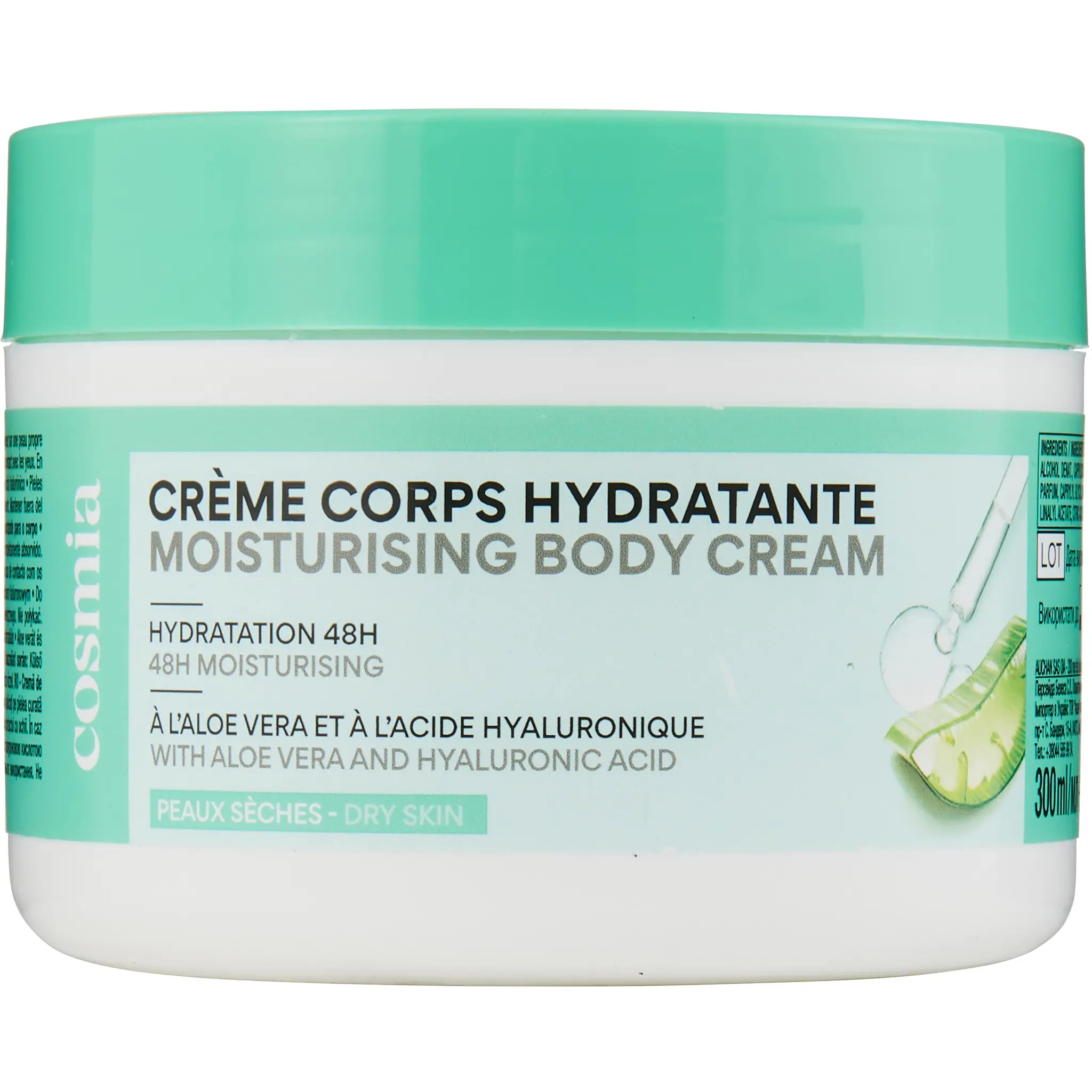 COSMIA Crème corps hydratante 48H à l'aloé véra et à l'acide hyaluronique pour peaux sèches