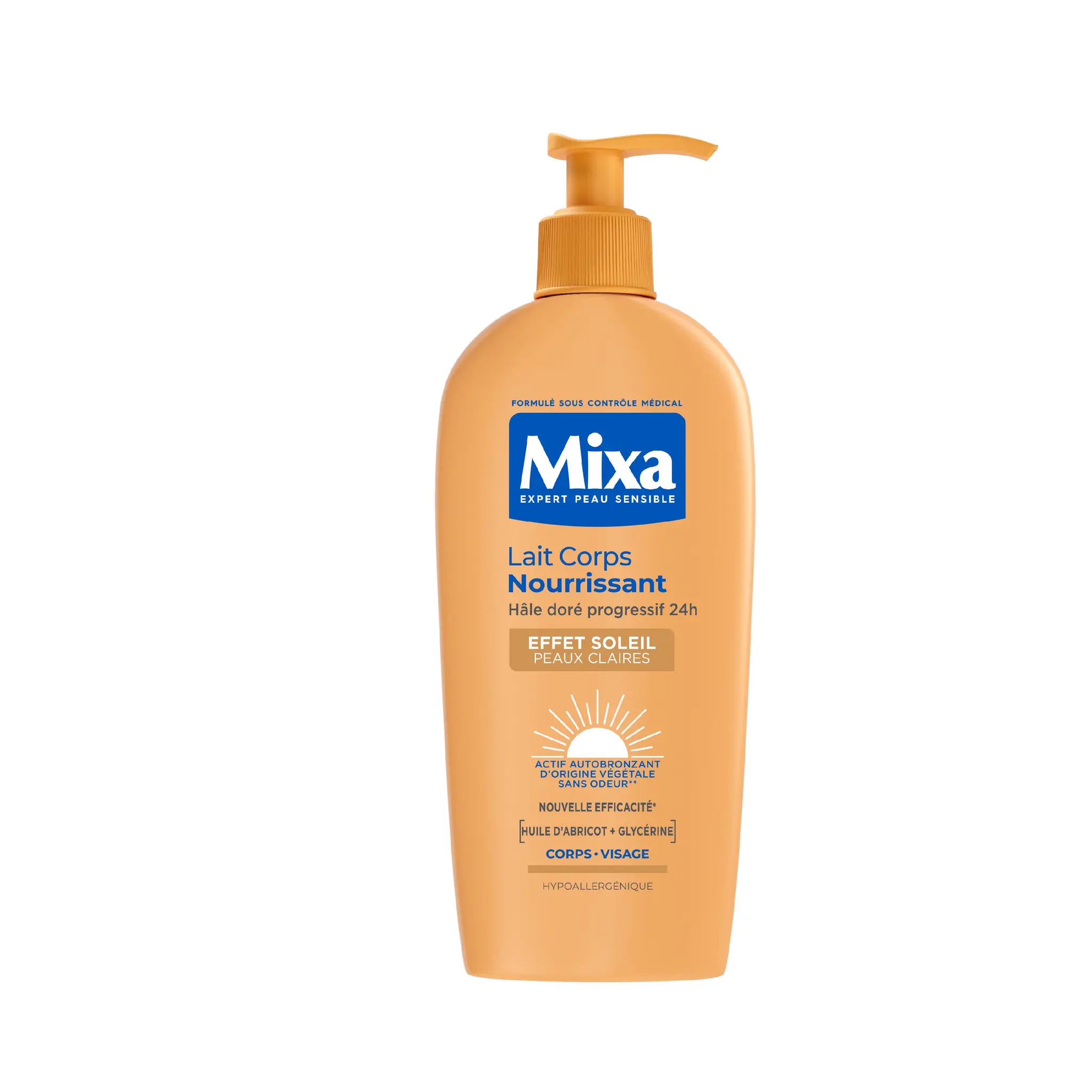 MIXA Lait corps nourrissant effet soleil peaux claires hâle doré progressif 24H huile d'abricot et glycérine corps et visage