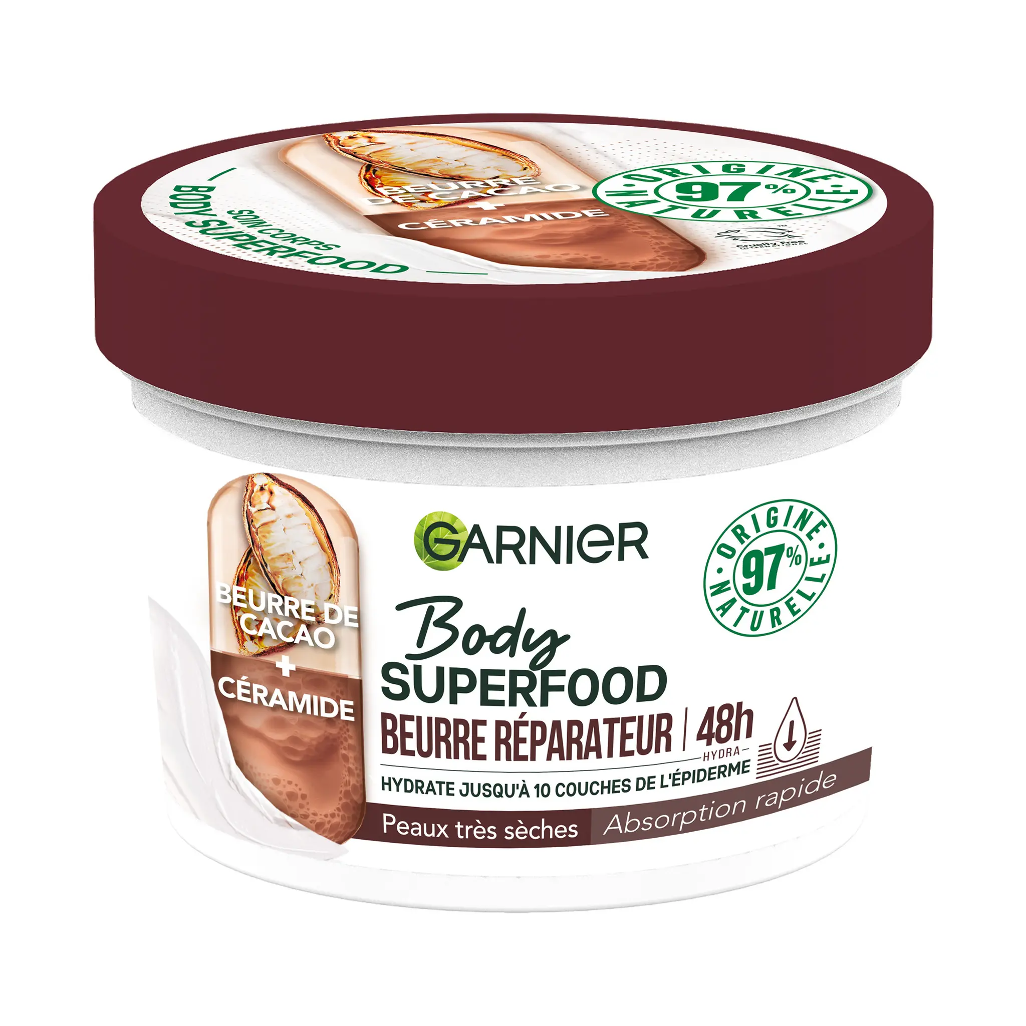 GARNIER Body Superfood beurre réparateur 48h au beurre de cacao pour peaux très sèches