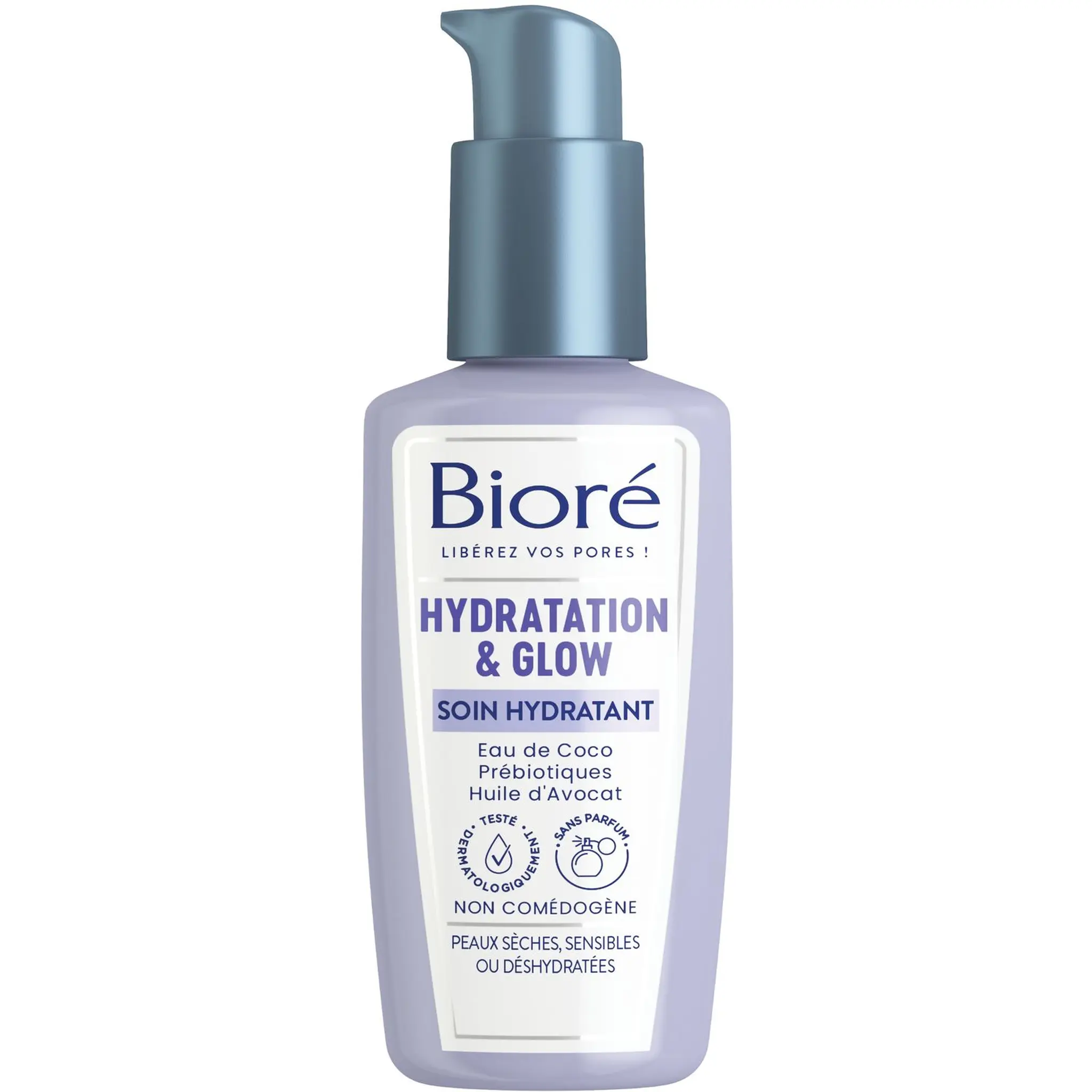BIORE Soin hydratant eau de coco et huile d'avocat sans parfum pour peaux sèches sensibles ou déshydratées