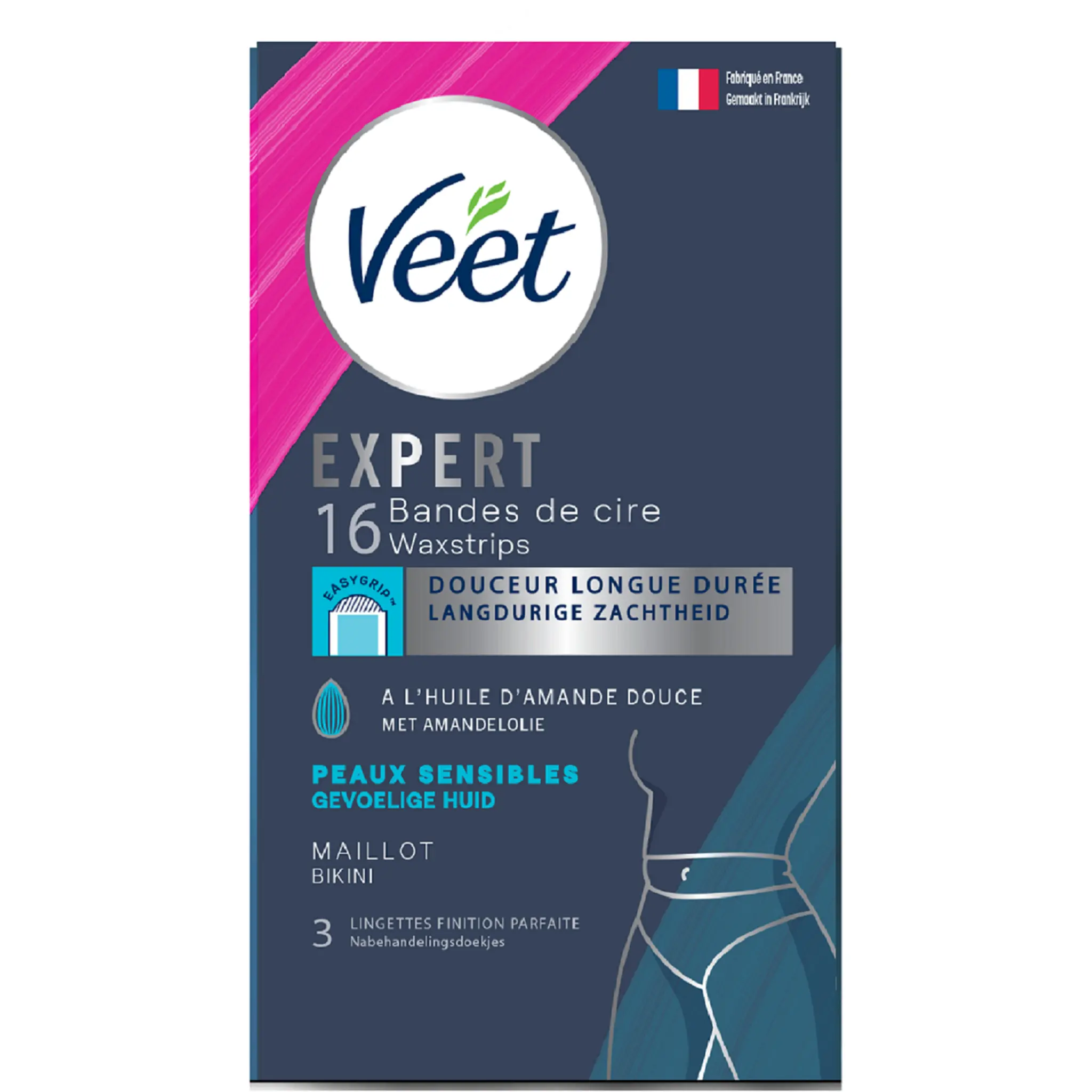 VEET Bandes de cire Expert maillot à l'huile d'amande douce pour peaux sensibles