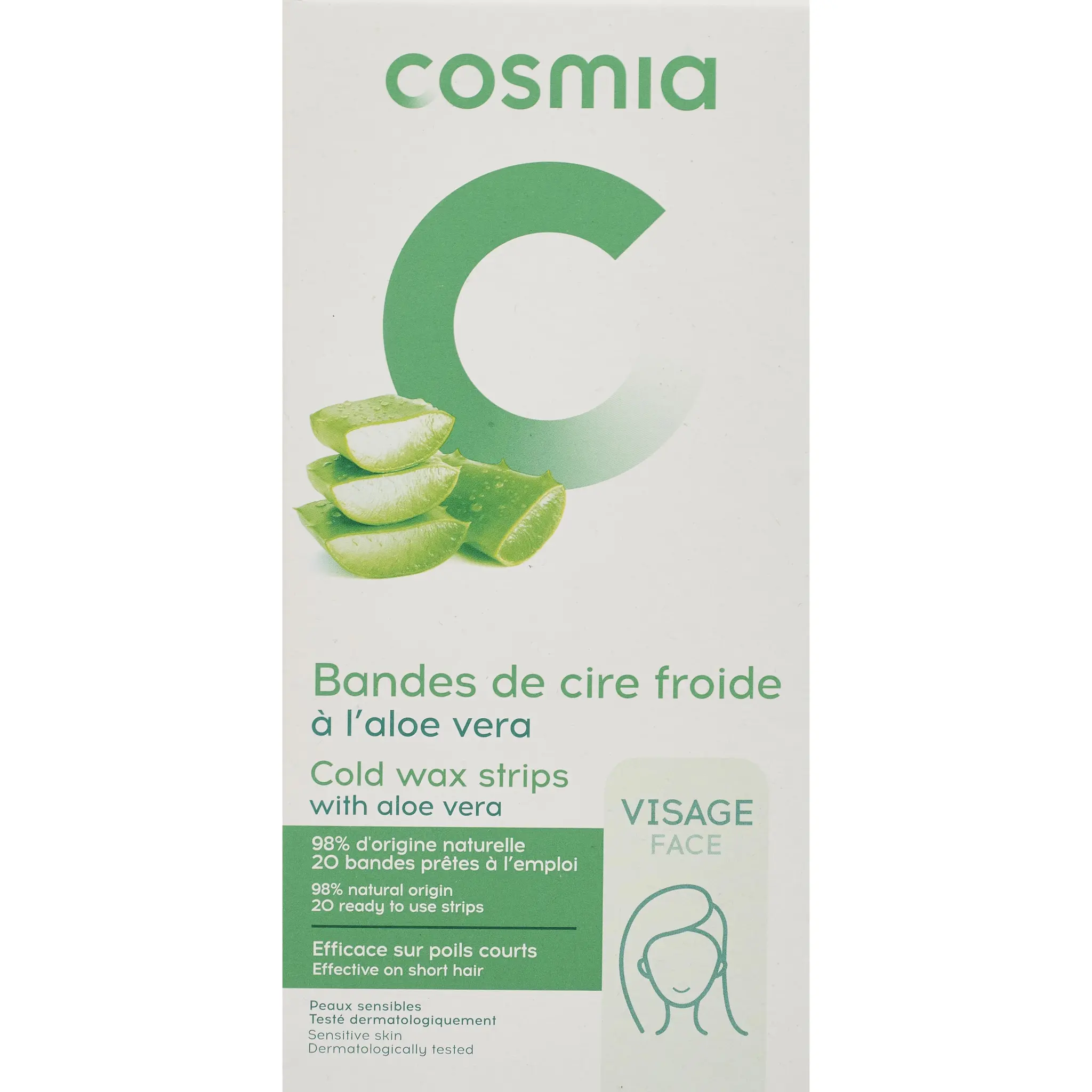 COSMIA Bandes de cire froide à l'aloe vera visage pour peaux sensibles