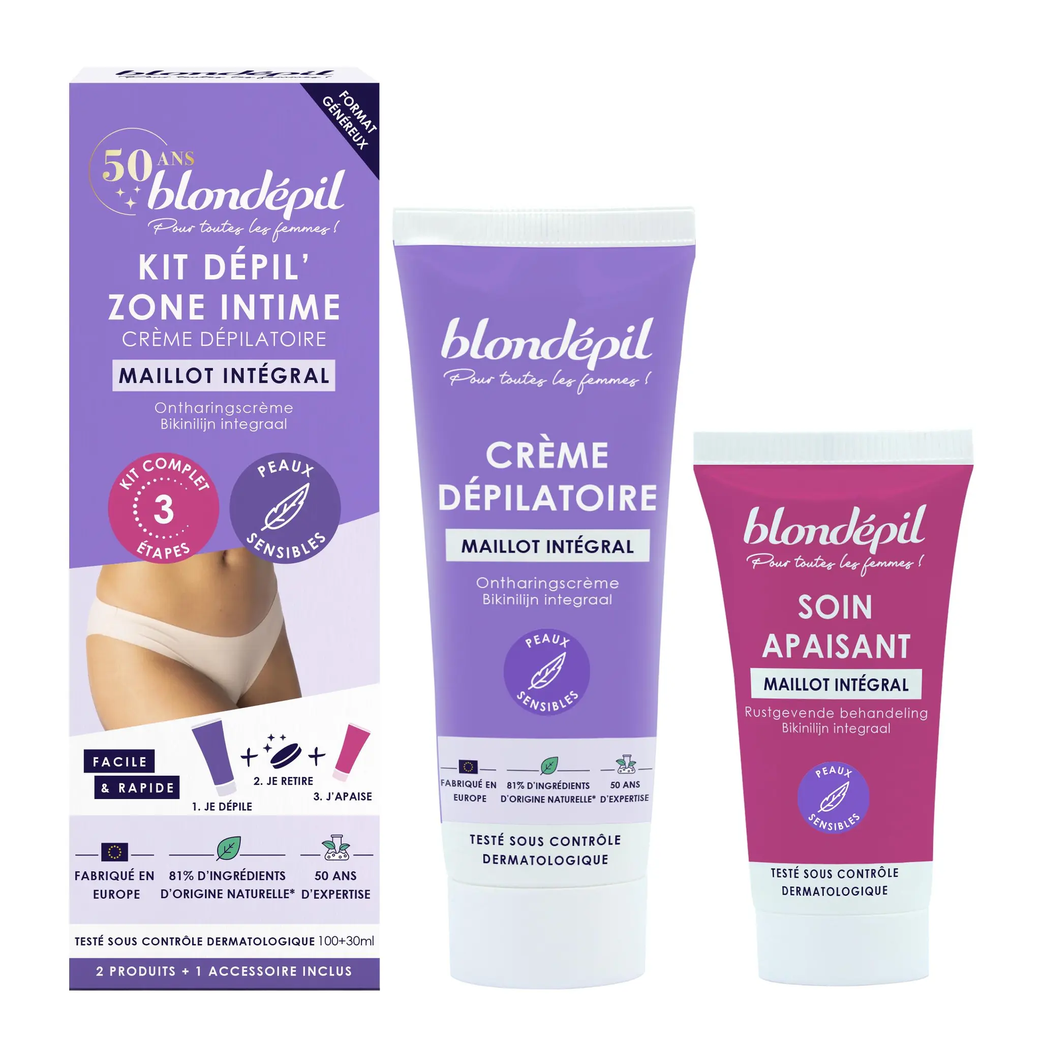 BLONDEPIL Kit dépil' zone intime crème dépilatoire & soin apaisant maillot intégral avec éponge