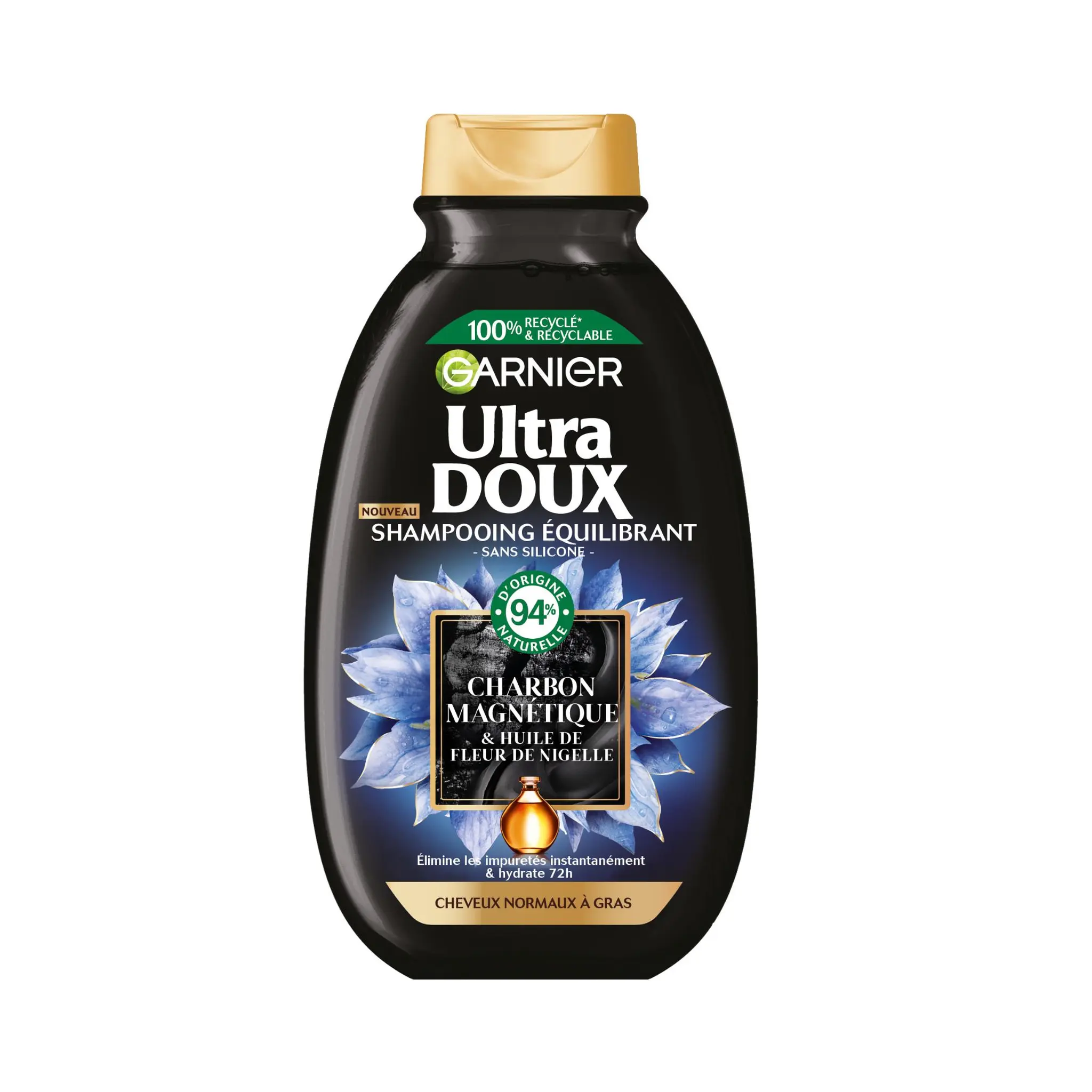 GARNIER ULTRA DOUX Shampoing équilibrant charbon et huile de fleur de nigelle cheveux normaux à gras