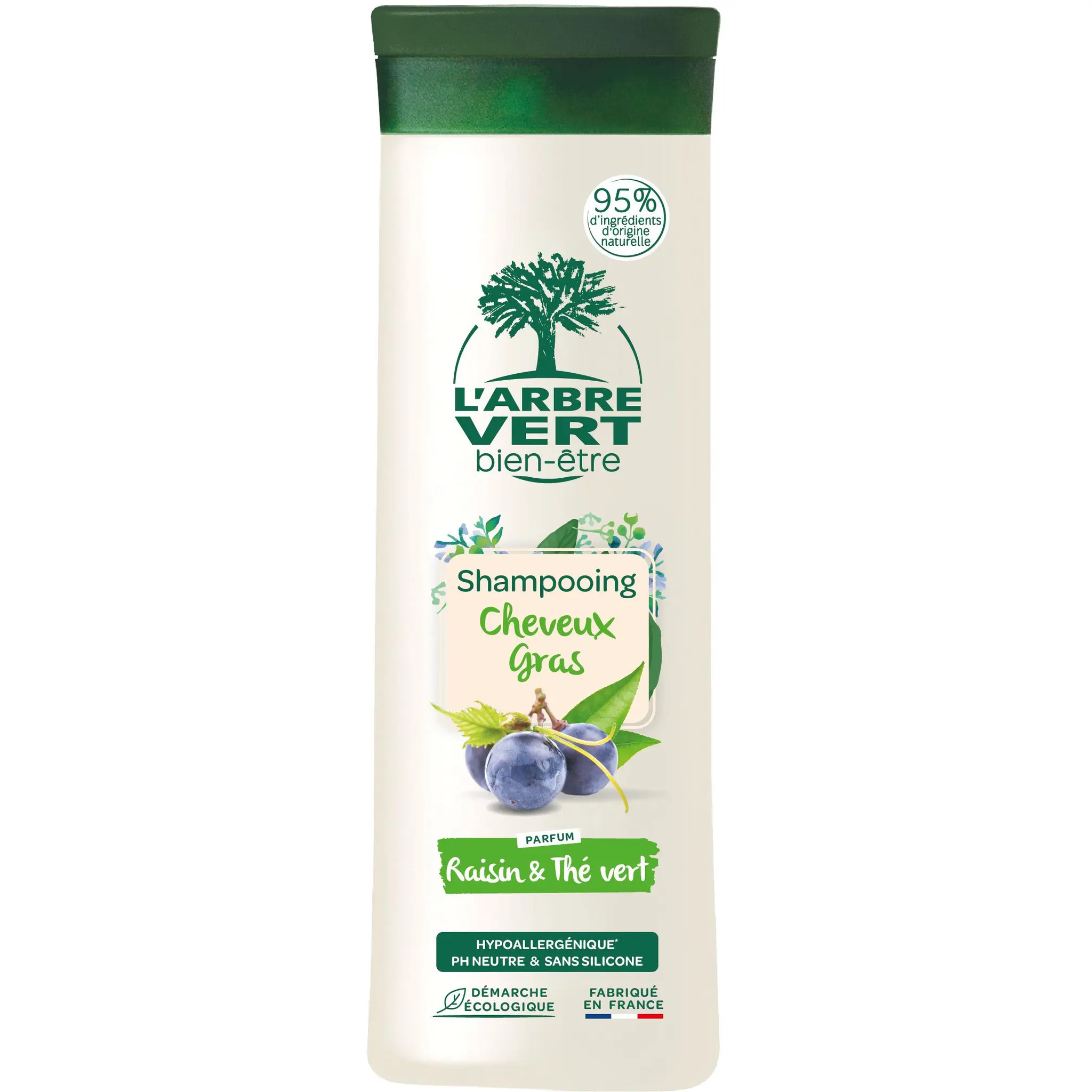 L'ARBRE VERT Shampoing pour cheveux gras hypoallergénique parfum raisin et thé vert