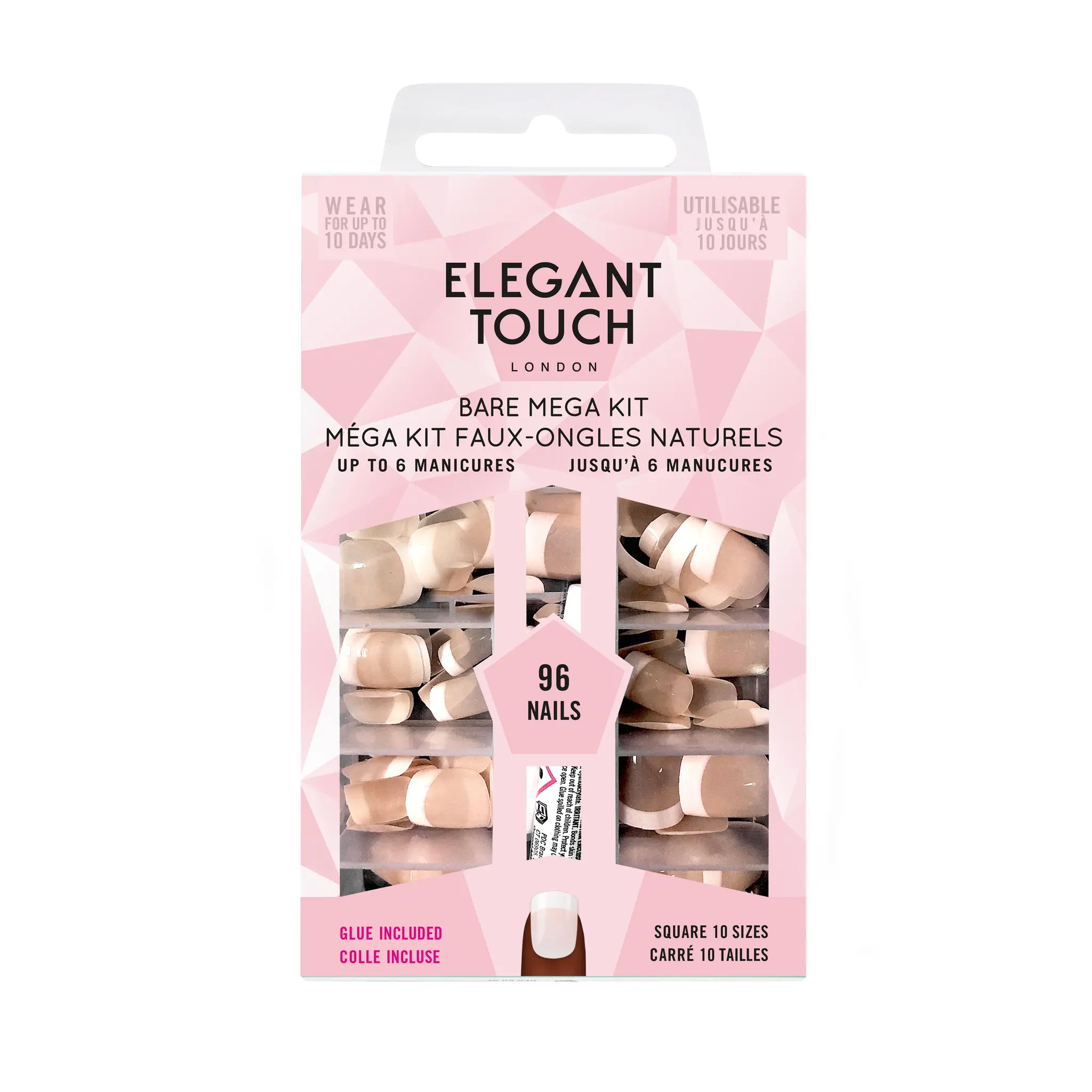 ELEGANT TOUCH Faux ongles naturels carrés méga kit 10 tailles