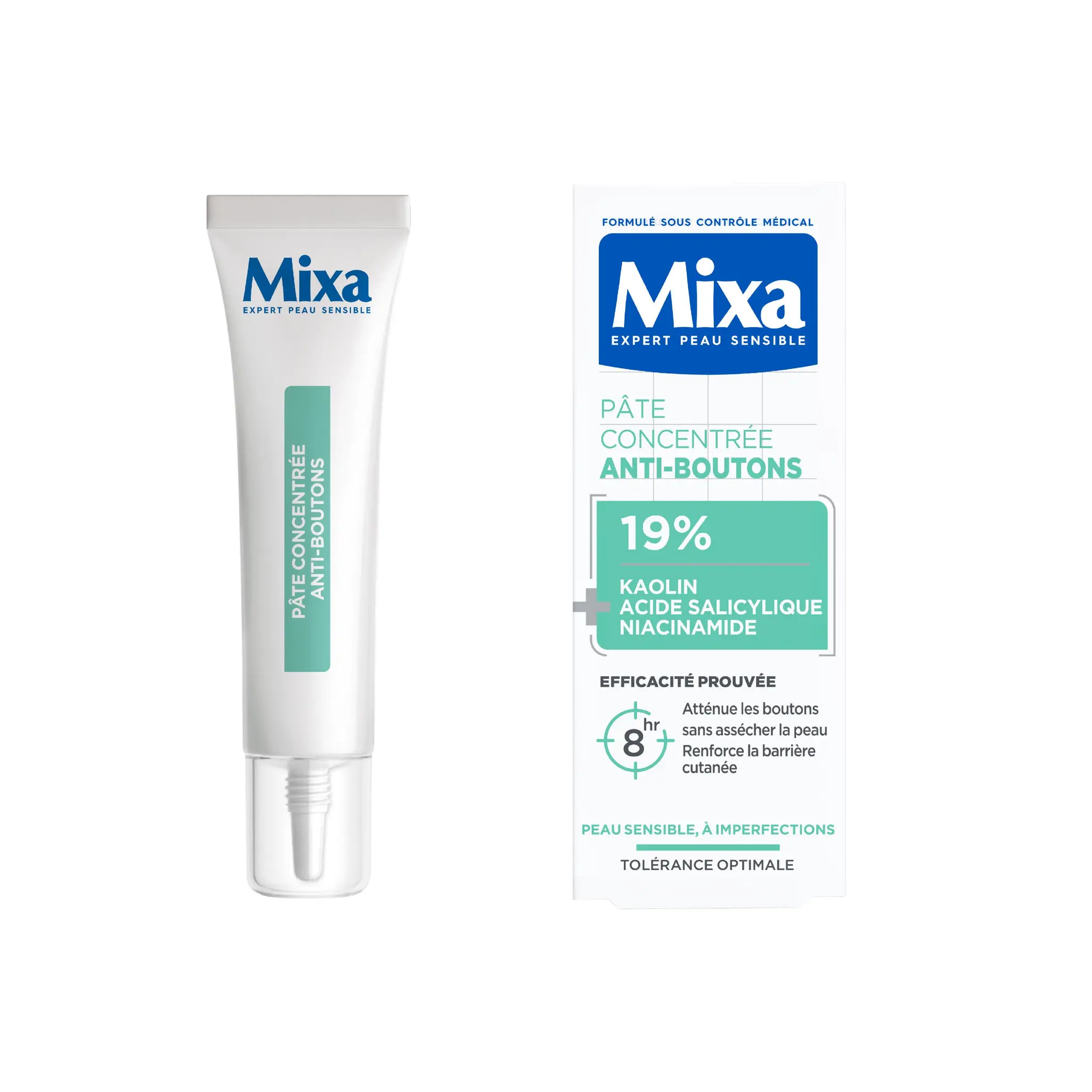 MIXA Pâte concentrée anti-boutons à l'acide salicylique niacinamide koalin peau sensible à imperfections