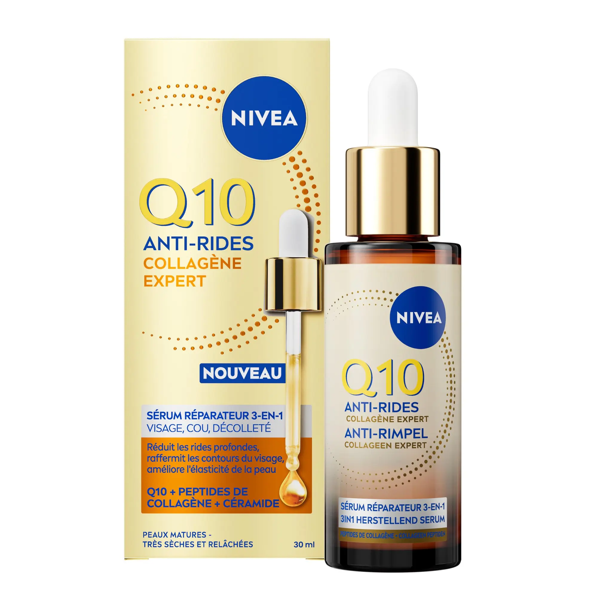 NIVEA Q10 Anti-Rides Collagène Expert Sérum réparateur 3 en 1 visage, cou, décolleté peaux matrues très sèches et relâchées